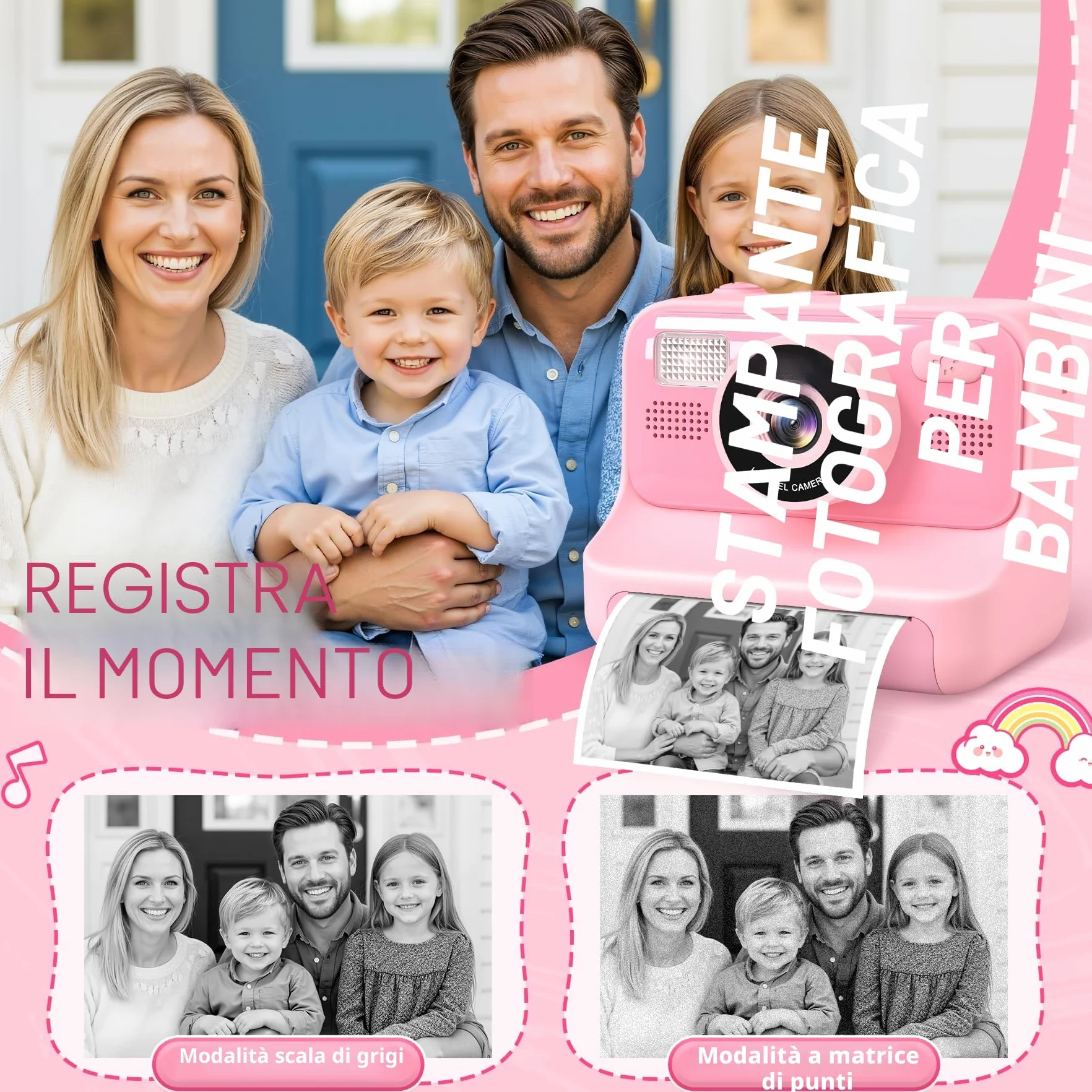 Macchina Fotografica Bambini, 2.4" HD Selfie Fotocamera Bambini con Scheda da 32 GB e 3 Rotoli di Carta da Stampa, Giochi Regalo Natale bambini bambino Nero digitale(Rosa)