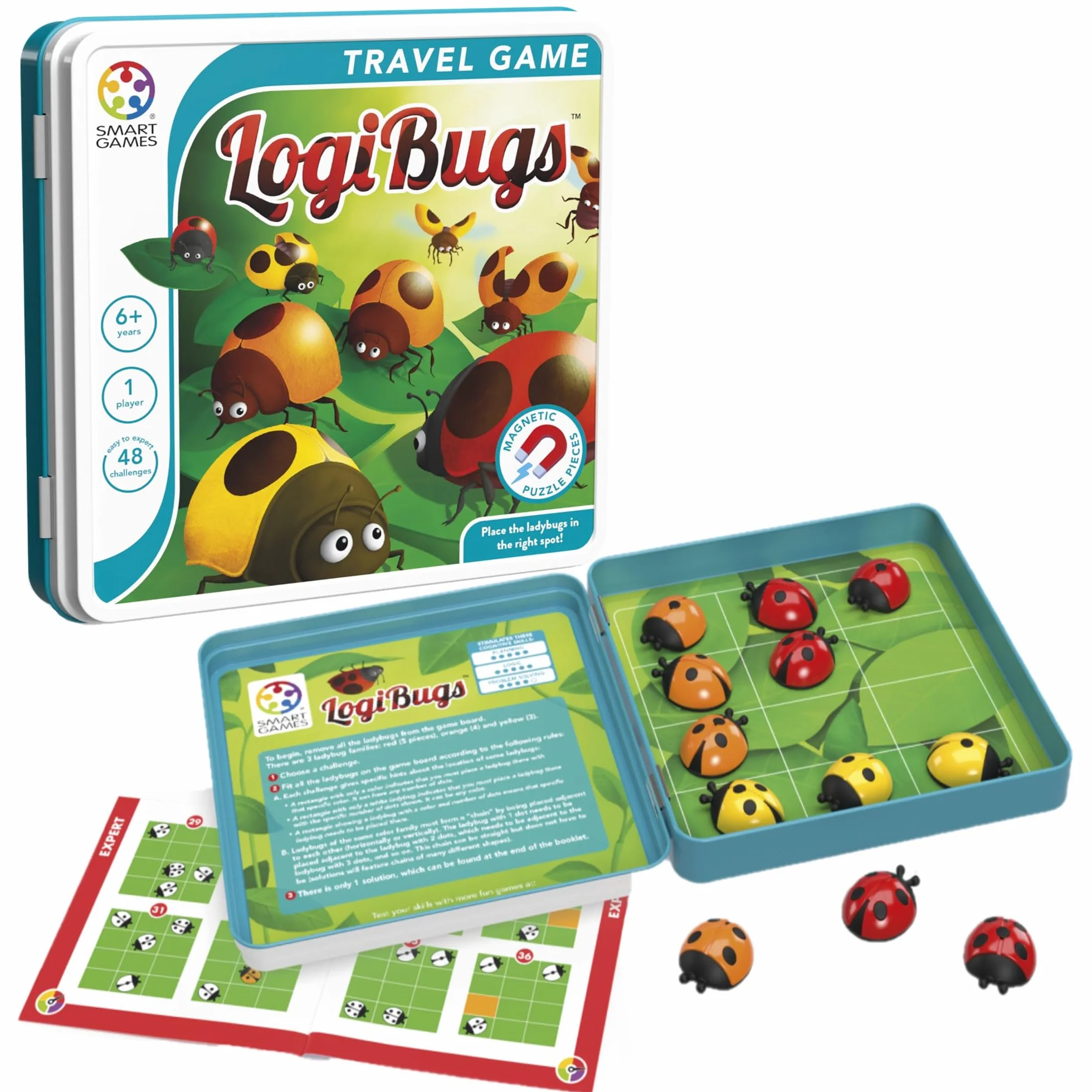 SmartGames - Logibugs, Magnetic Puzzle Game in Tin with 48 Challenges, Ages 6+