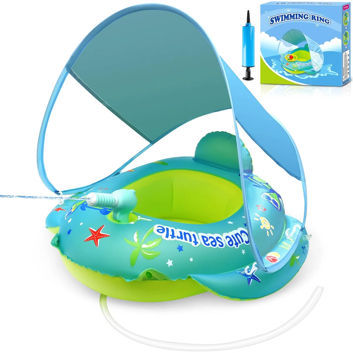 Anello da nuoto per bambini, Ciambella da nuoto per bambini, sedile di sicurezza con pistola ad acqua e tettuccio parasole, Salvagente Bambino per Piscina per bambini da 1 a 4 anni