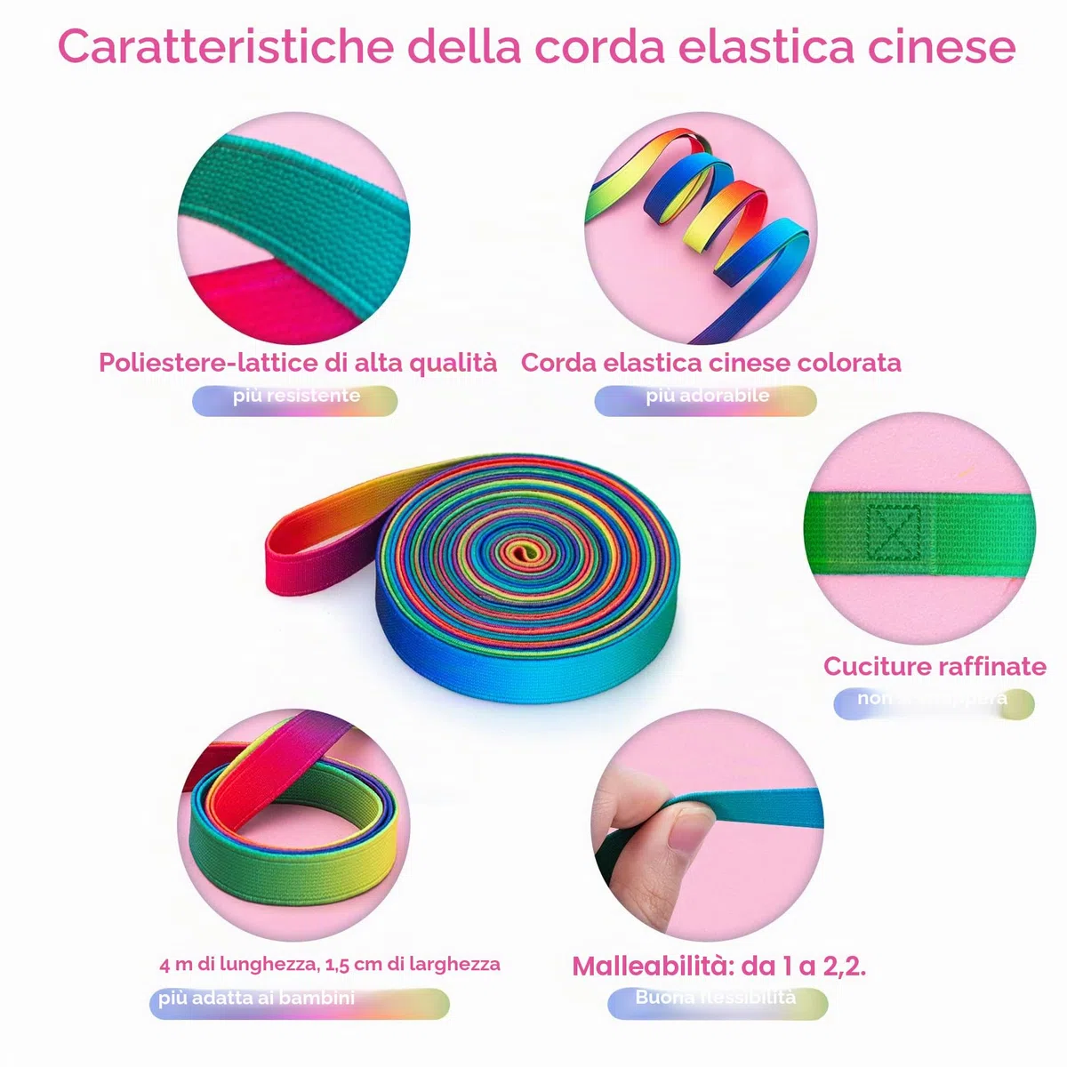Cikyner Corda per Saltare Cinese, 4 m di Lunghezza 1,5 cm di larghezza Gomma elastica per bambini con Istruzioni per Salto Francese Arcobaleno per Bambini Indoor e Outdoor Giochi, Ideale per Regali
