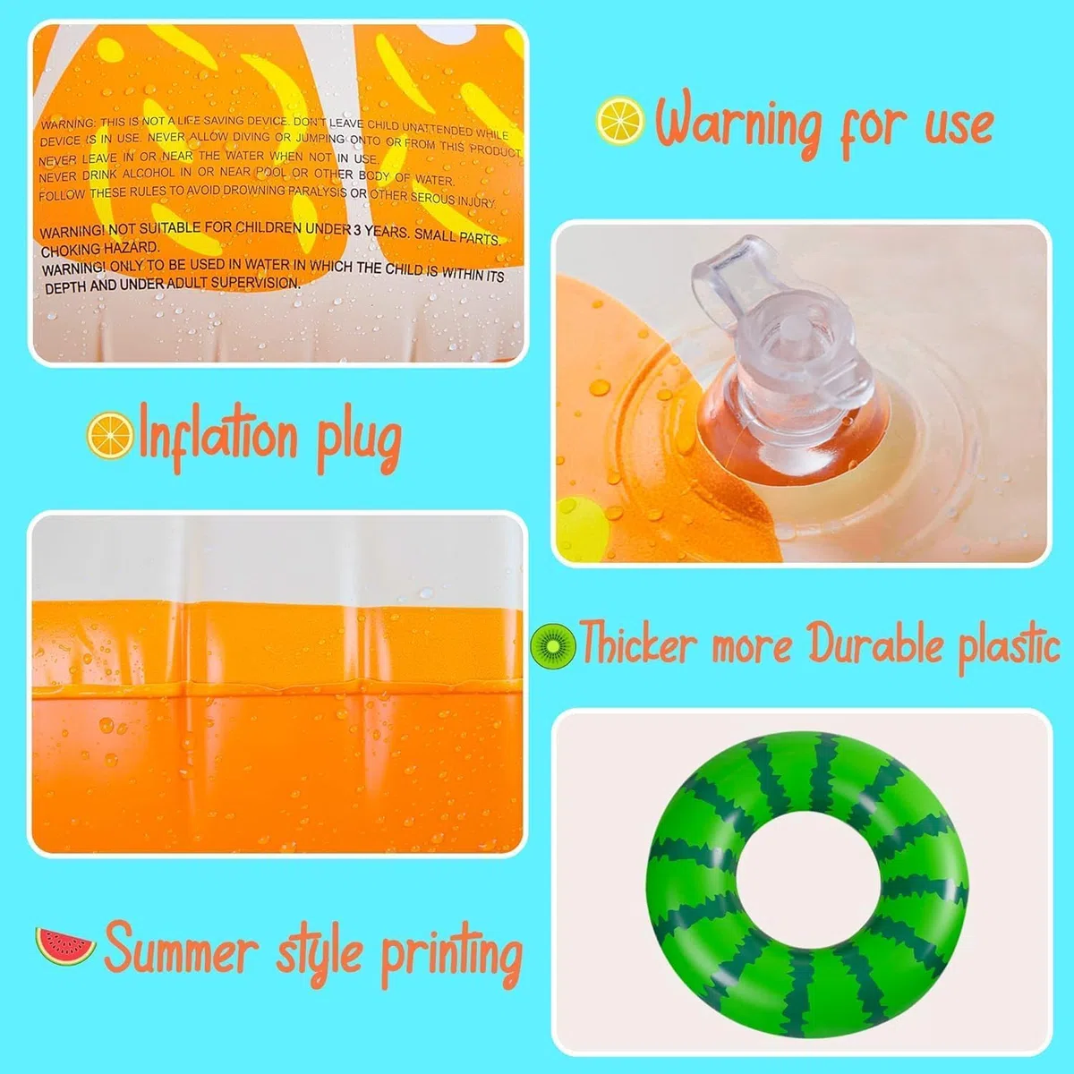 Set 4 Ciambelle Gonfiabili Frutta 90 cm per Adulti – Galleggianti Piscina Anguria, Kiwi, Limone e Arancia, Salvagenti Resistenti per Mare, Piscina e Lago, Accessori Estate – Aquadelos