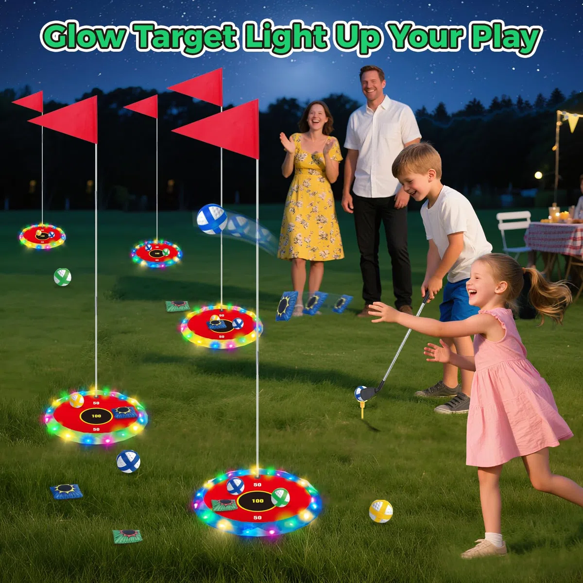 VATOS 2-in-1 Golf con luci per bambini - Gioco di chipping e lancio di borse con 6 bersagli LED, 2 mazze, 18 palline, golf notturno per feste in interni ed esterni, regali sportivi per bambini di età