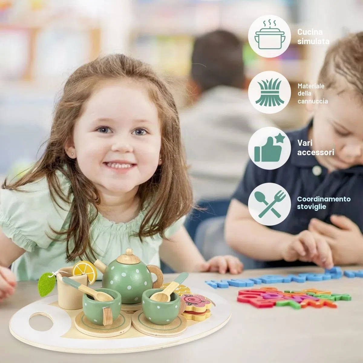 Set da Tè in Legno per Bambini - 14pcs Accessori Cucina Giocattolo con Accessori - Set da tè Pomeridiano, Servizio da tè di Ruolo, Regalo per Feste, Regali di Compleanno