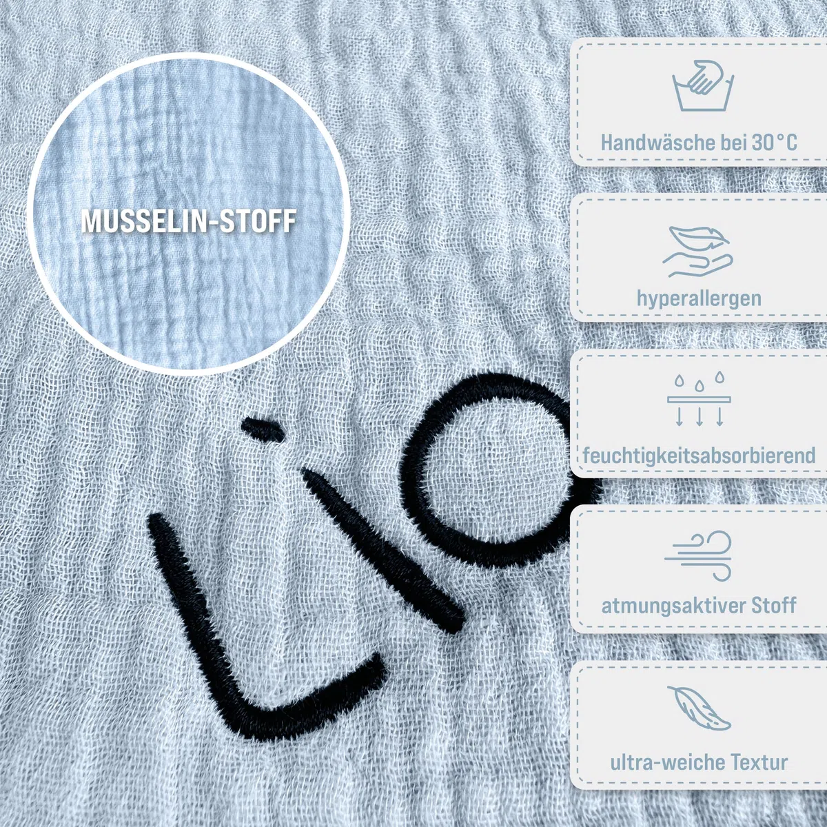 Doudou per bambino con nome ricamato, certificato Oeko-TEX Standard 100, doudou personalizzato in morbida mussola (blu chiaro)