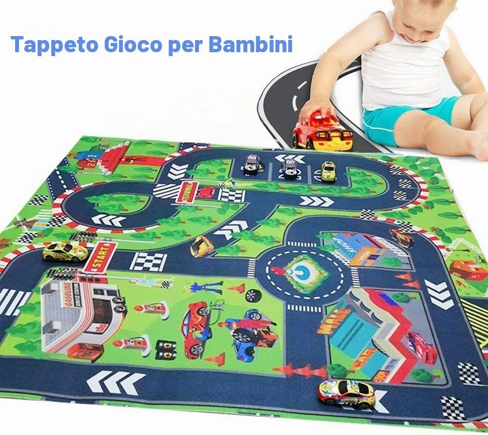 Tappetino educativo da gioco per bambini con una pista per le macchinine disegnata, ideale come regalo per far giocare i bambini in modo sicuro durante un viaggio, in spazi interni o esterni