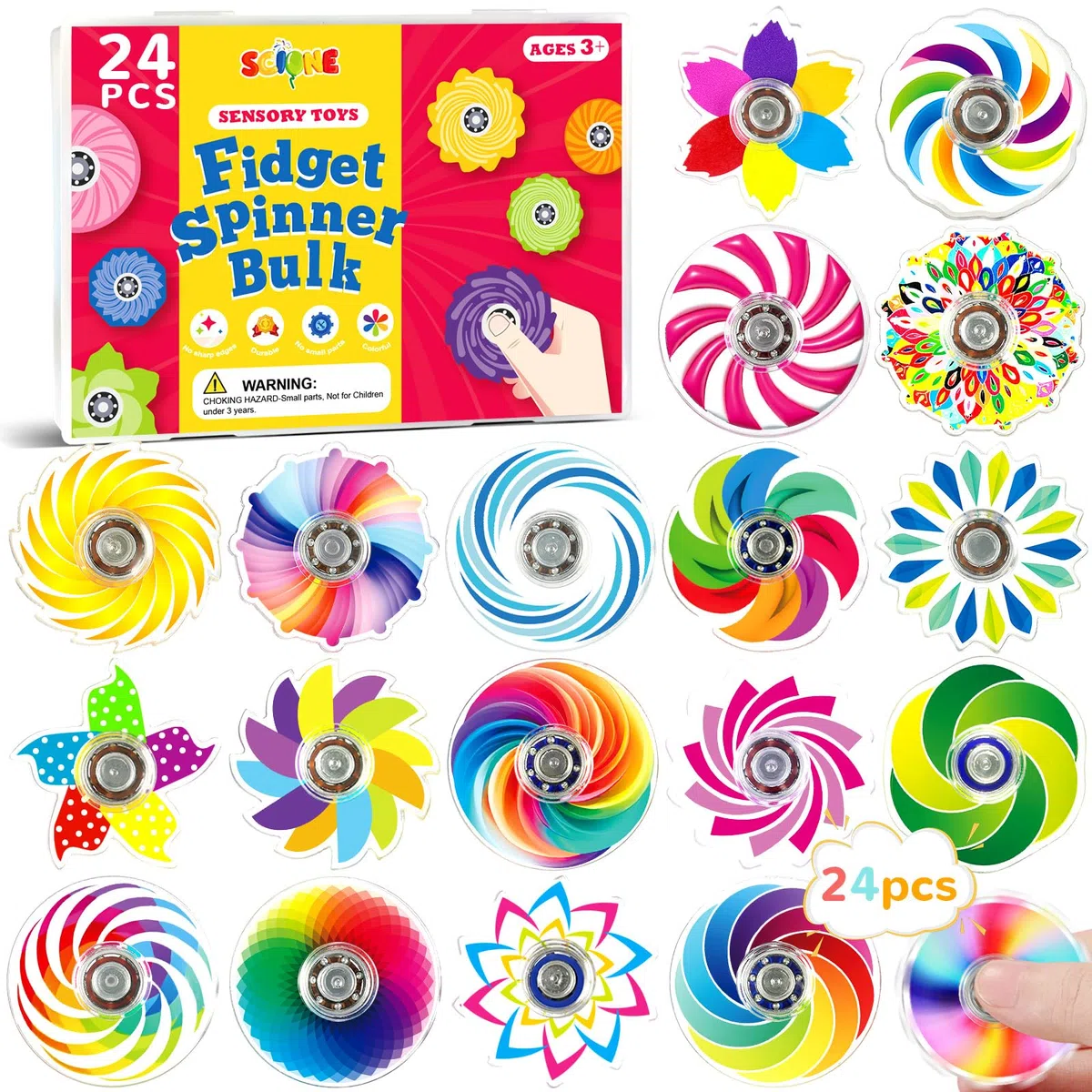 SCIONE Confezione da 24 Fidget Spinner per Bambini – Mini Trottoline Colorate, Giocattoli Sensoriali Arcobaleno, Ideali per Feste, Regali di Compleanno, Premi per la Classe (4 cm)