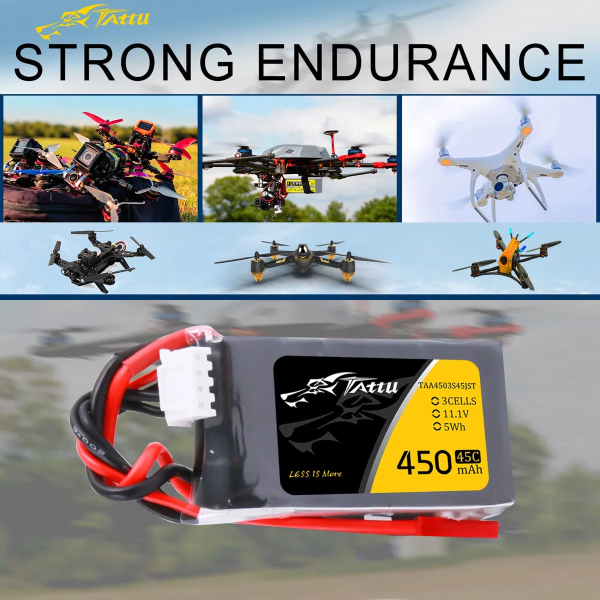 Tattu 3S 450mAh Batteria Lipo 11.1V 75C 3S1P with spina JST per UAV Drone RC Quadrocopter Multirotor FPV