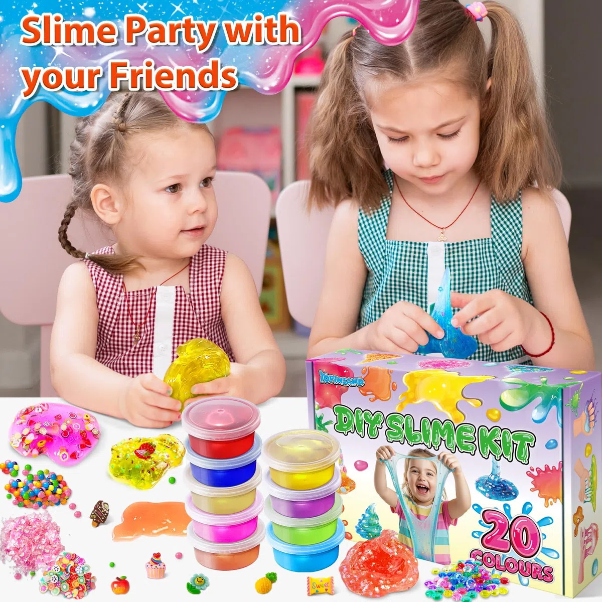 YOPINSAND 20 Colori Fai da Te Slime Kit Slime Making per Ragazze, Crystal Clear Slime, Glow in the Dark Slime con Sfere di Schiuma Aggiuntive, Charms, Glitter, Giocattolo Regalo per Bambini