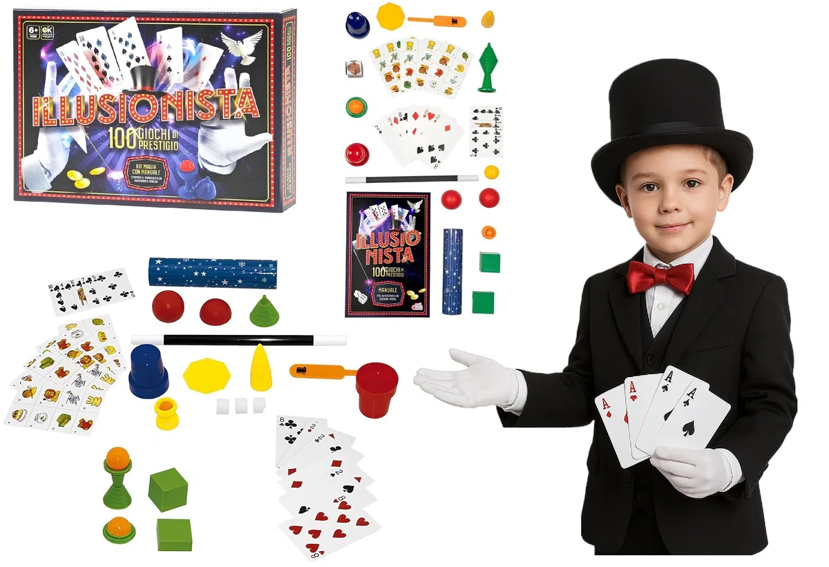 Giochi di Magia Magic Show Gioco di Magia Bambini 100 Trucchi da Illusionista Facili da Imparare Prestigiatore Giochi di Prestigio con Bacchetta Magica Istruzioni Truchi Magici Mago
