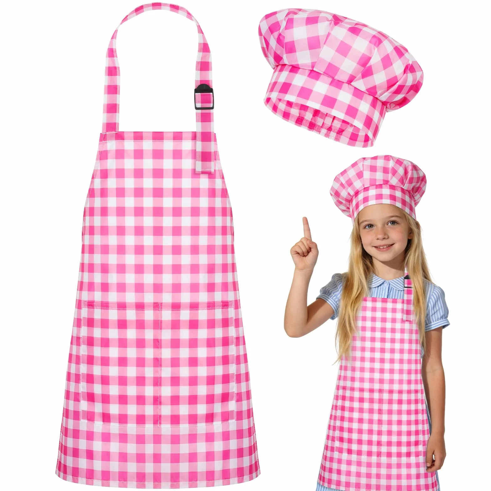 DiULi Grembiule per Bambini + Cappello da Cuoco, Grembiule da Cucina Regolabile per Bambini con Tasche Grembiule da Chef per Cucinare e Cuocere la Pittura 3-13 Anni