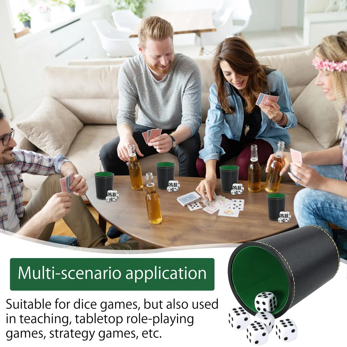 HENGBIRD Set di 5 bicchieri in pelle, con 25 dadi: gioco di dadi, in pelle, per adulti