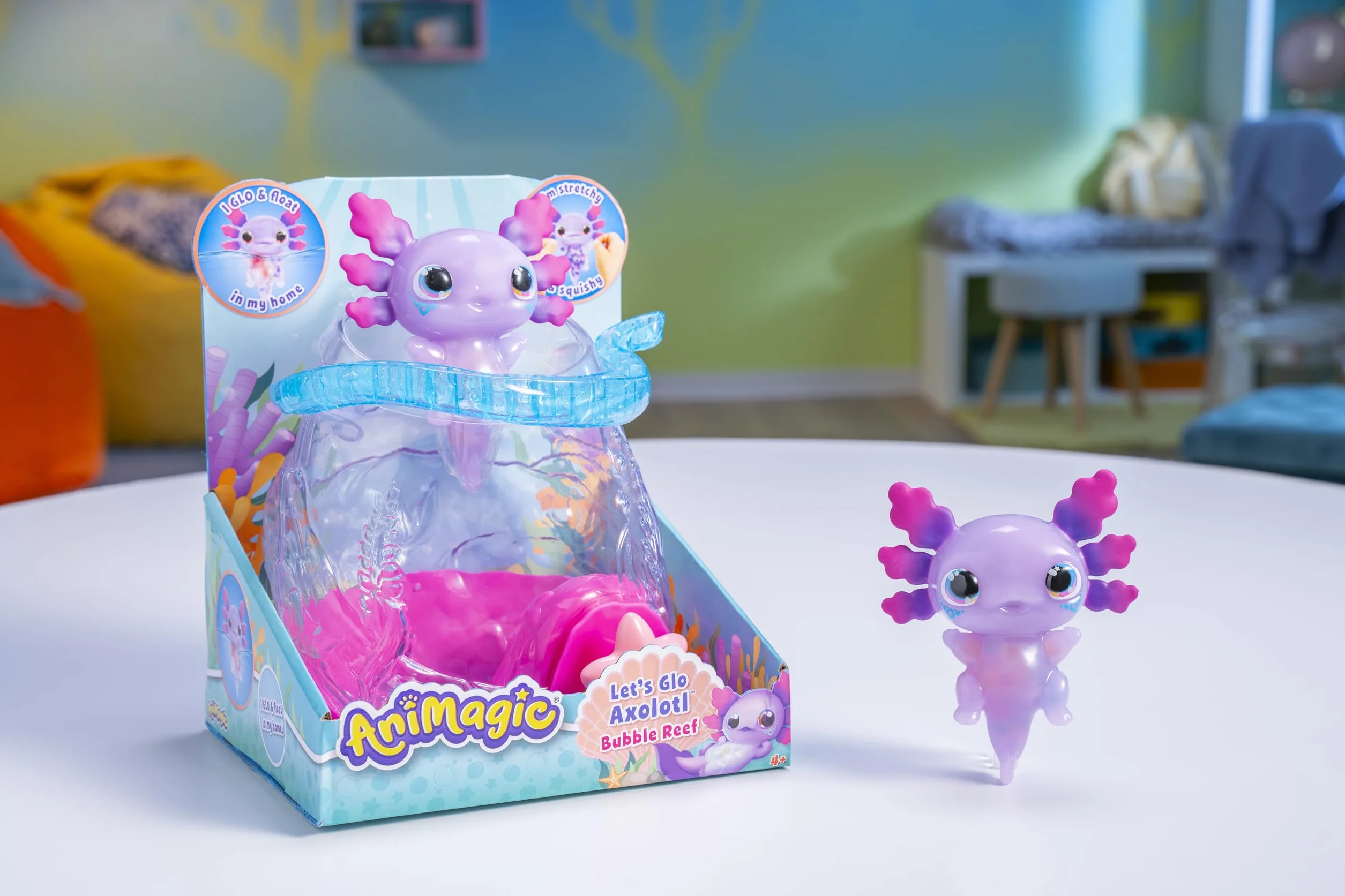 Animagic - Acquario Axolotl - Trasporta Il Tuo Axolotl Flessibile e Luminoso - per Bambini dai 4 Anni - Gioco Sensoriale e Interattivo - Premi la Stella per Interagire con Il Tuo Animale Luminoso
