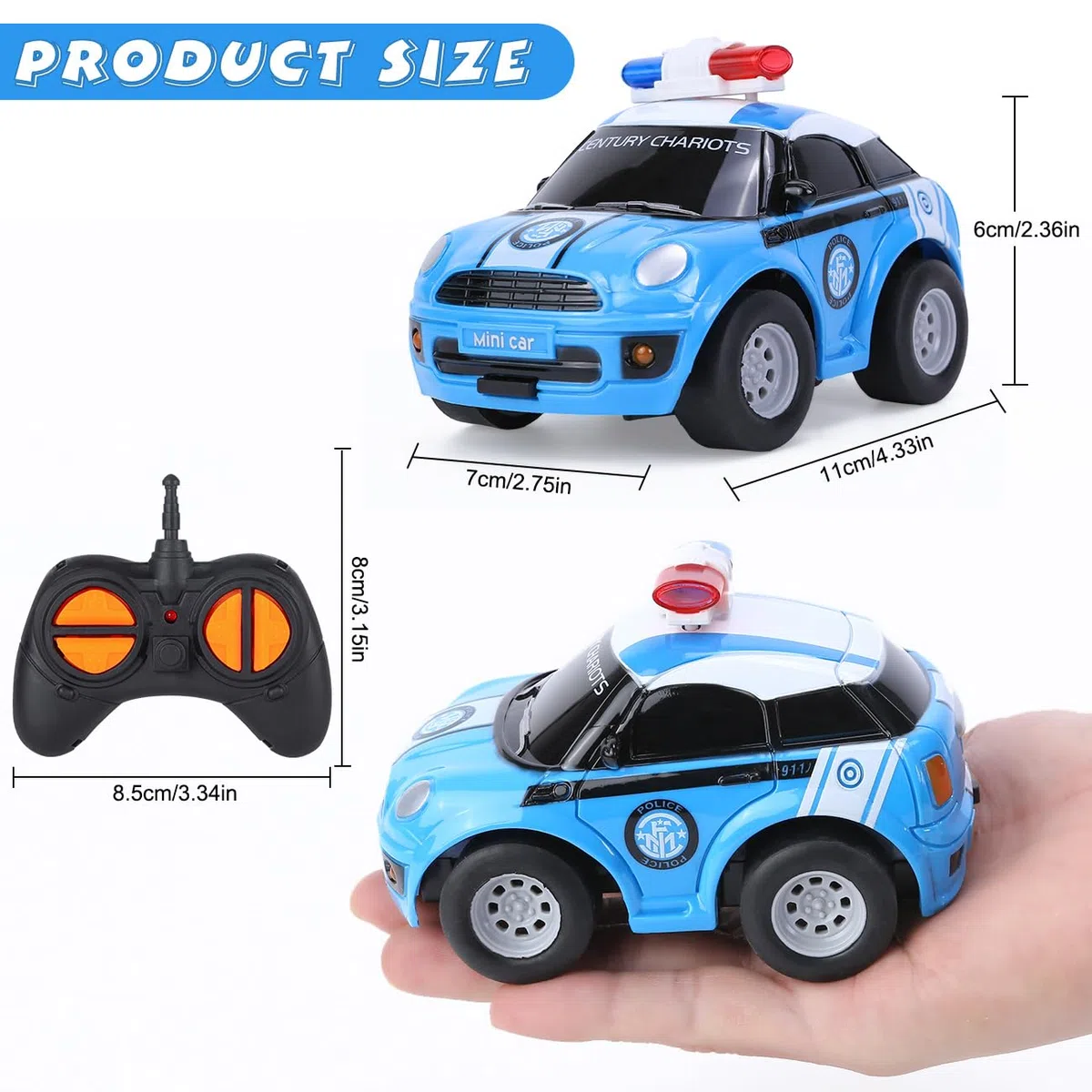 Highttoy Macchina Telecomandata per Bambini, Macchina Polizia Giocattolo Bambini 2 3 4 Anni, 2.4GHz Piccola Auto Radiocomandata Bambino, Azzurro