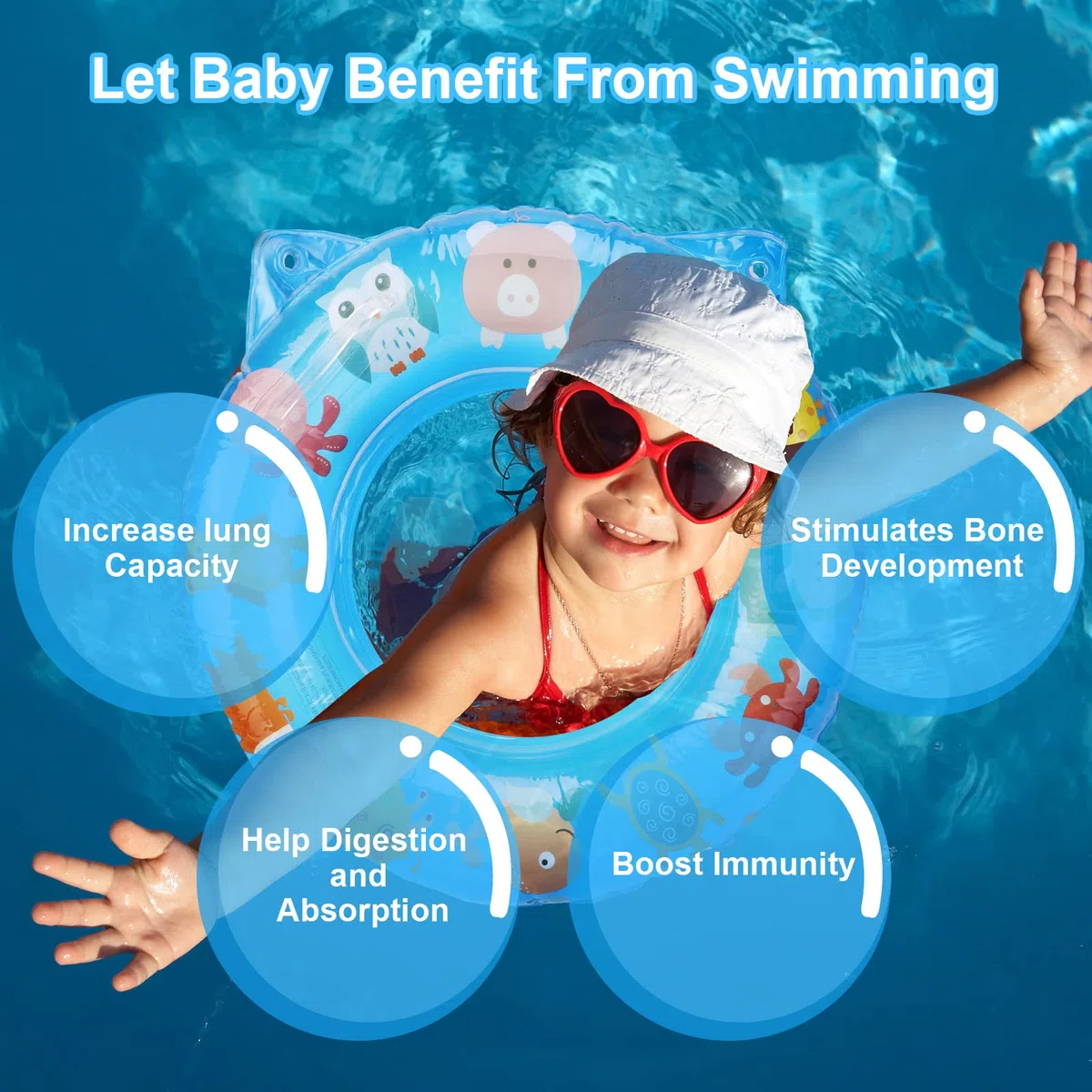 Anello di Nuoto del Fumetto, Salvagente Neonato Galleggiante Gonfiabile del Bambino Dell'anello di Nuoto del Bambino Baby Float Salvagente con Seggiolino and Gonfiatore Bambini Piscina Giocattolo,Blu