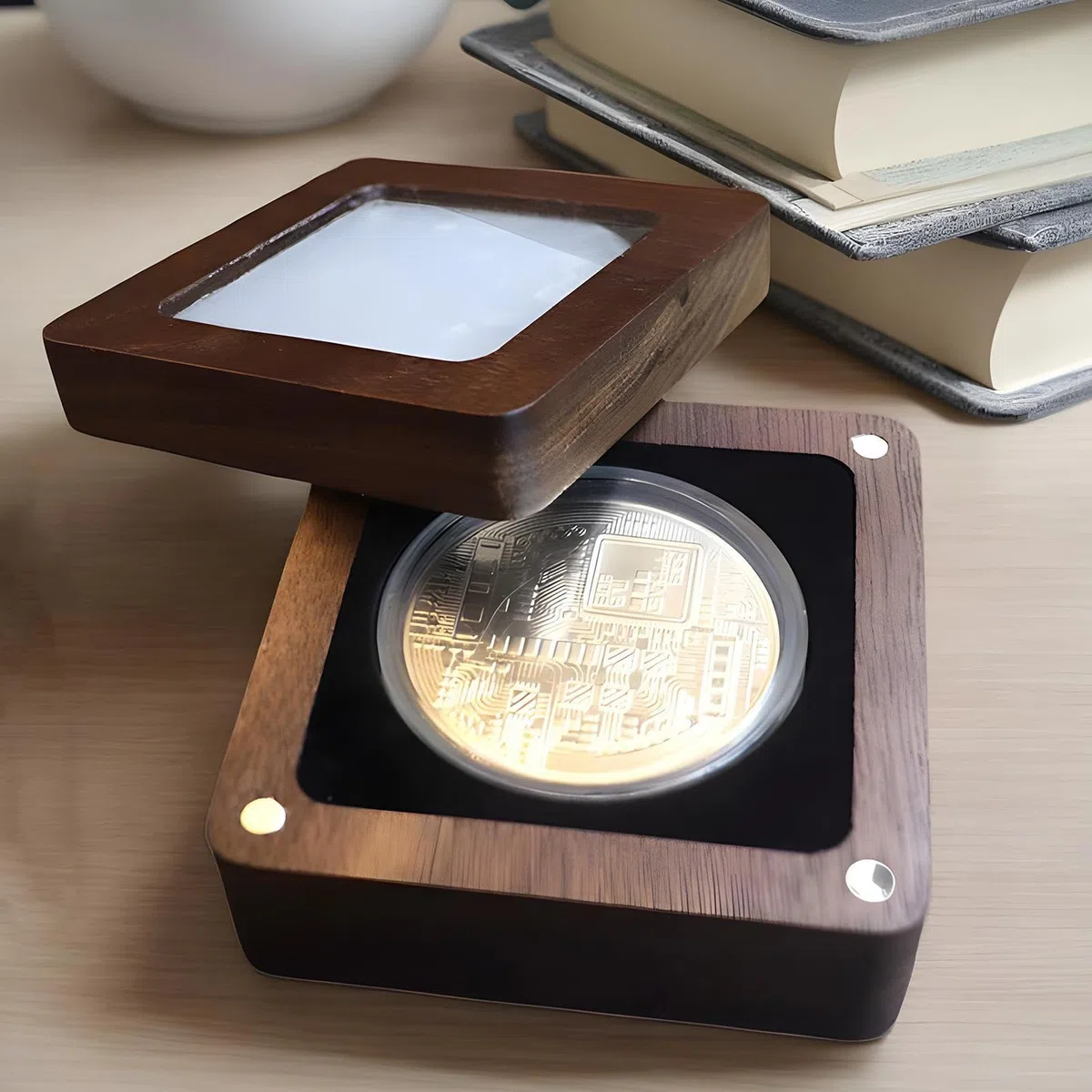 Scatola di presentazione per monete – Vetrina moneta singola in legno di noce, porta badge, scatola da collezione | famiglia, amici, colleghi, organizer regalo per monete, medaglie, marchi di valore