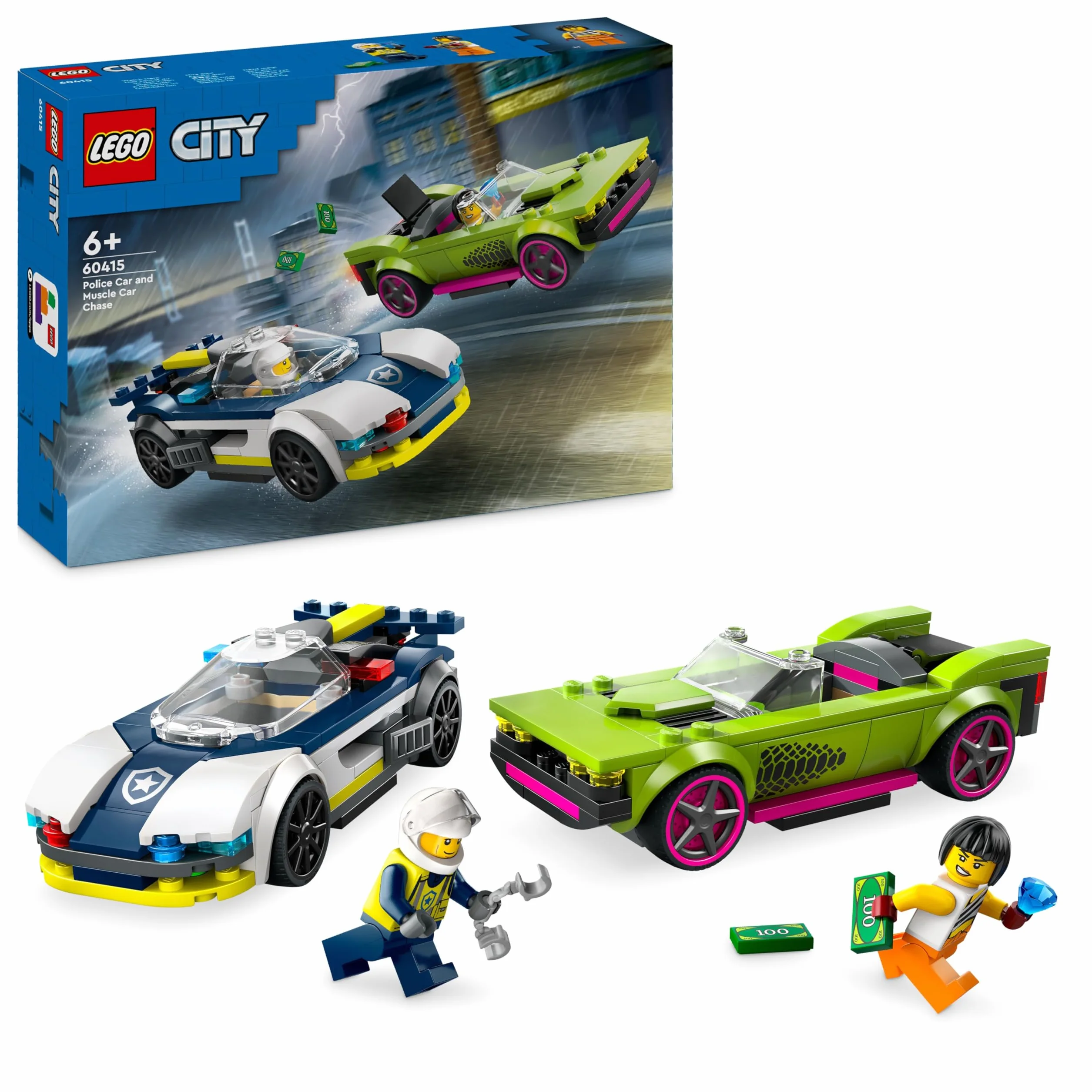 LEGO City Police Car and Muscle Car Chase, Racing Vehicle Toys for 6 Plus Year Old Boys & Girls, Fun Gift for Kids Who Love Pretend Play, Includes Officer and Crook Minifigures 60415