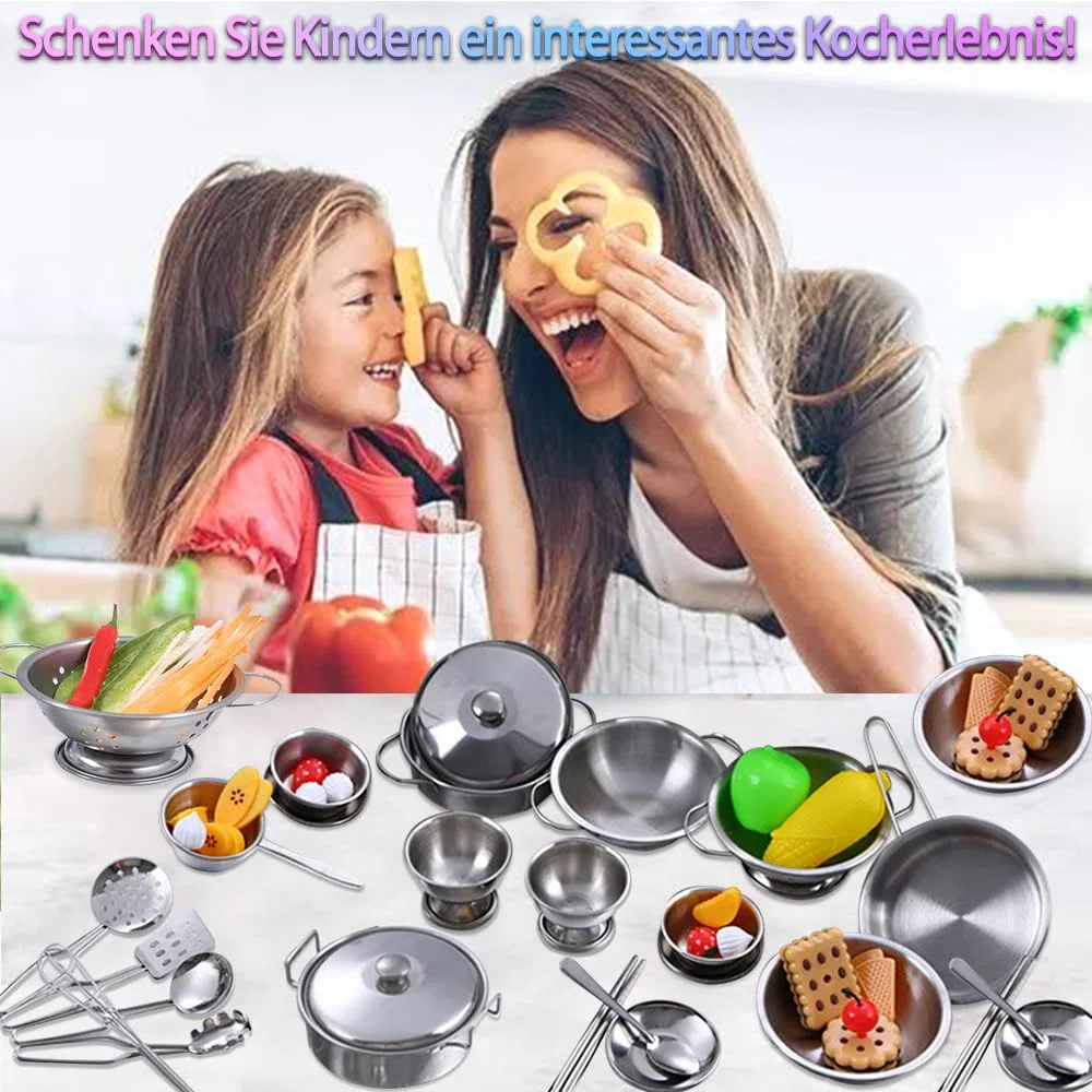 Set di 25 accessori per giocattoli da cucina per bambini, in acciaio inox, pentole e padelle per bambini, mini set da cucina classico, ottimo regalo per ragazze e ragazzi