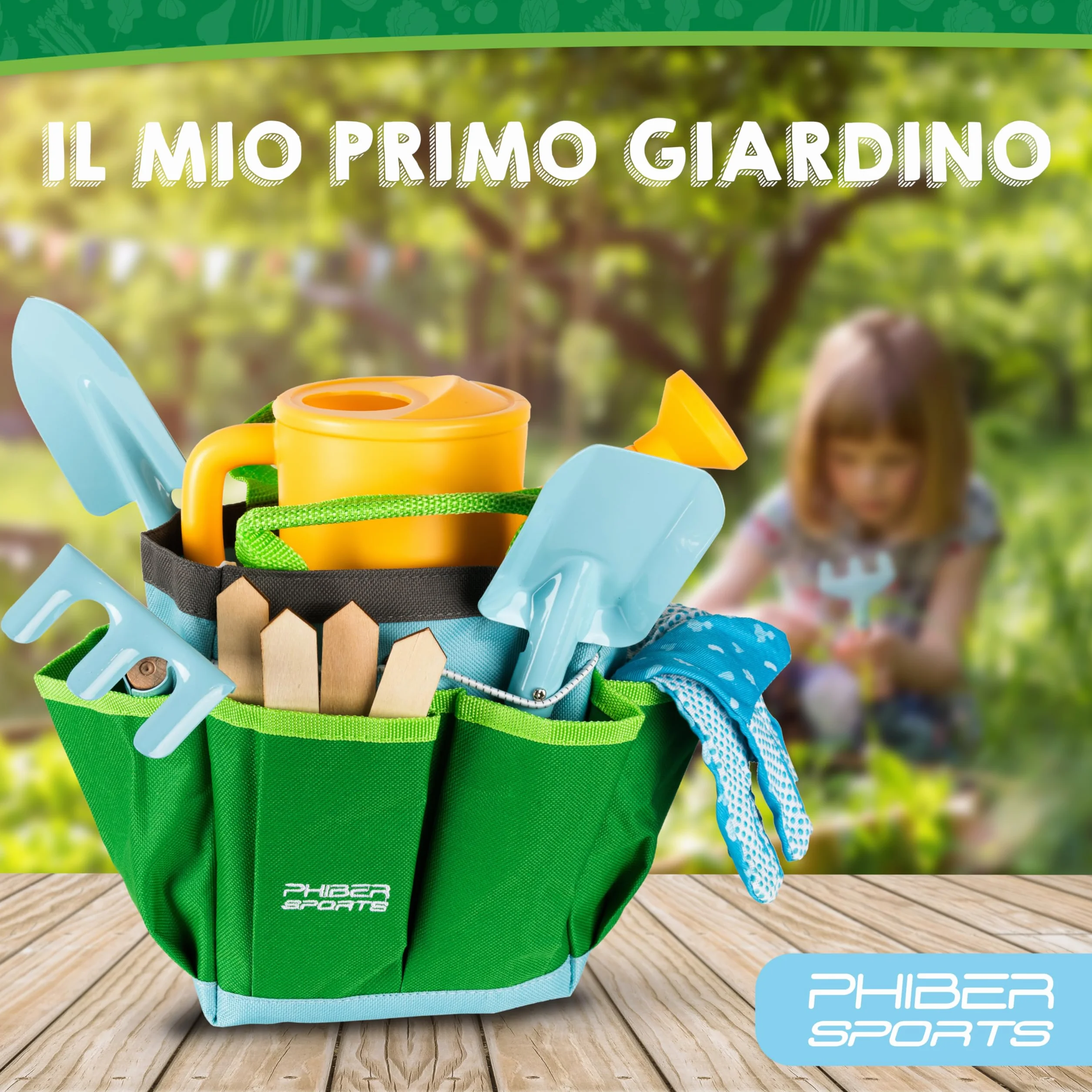 PHIBER-SPORTS Set di Attrezzi da Giardino per Bambini (11 Pezzi) - Attrezzi da Giardinaggio per Bambini dai 3 Anni in su - Strumenti in Metallo, annaffiatoio, Guanti da Giardinaggio, Borsa