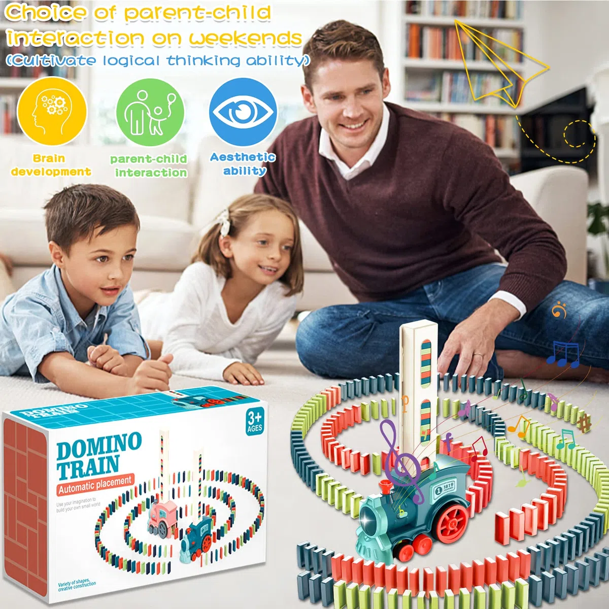 Set Treno Domino Automatico con 160 Blocchi. Trenino Elettrico con Luci e Suoni, Divertente e Colorato per Giocattoli di 3 4 5 Anni (blu)