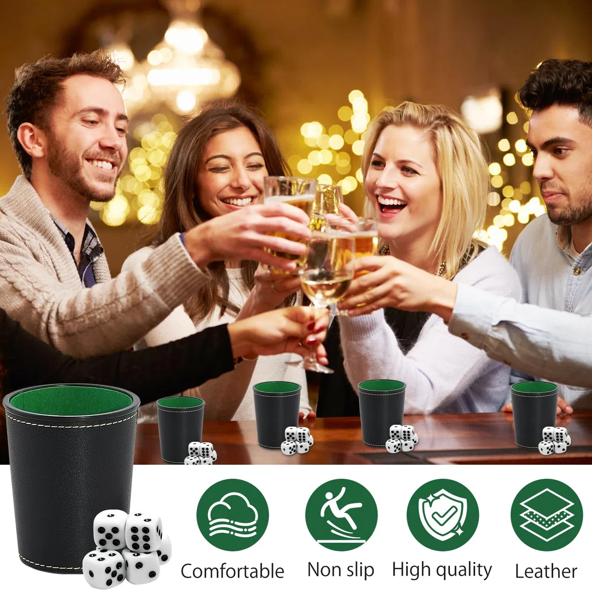 HENGBIRD Set di 5 bicchieri in pelle, con 25 dadi: gioco di dadi, in pelle, per adulti