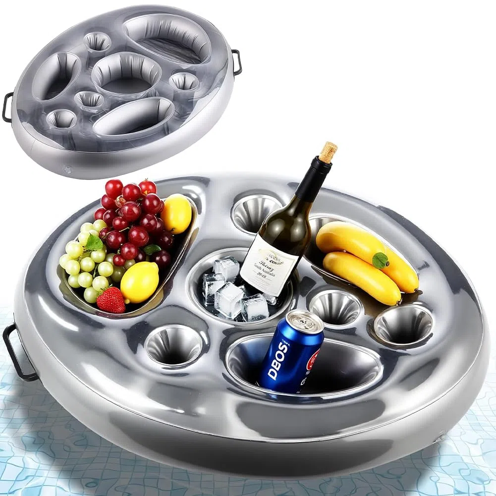Portabibite Gonfiabile Portabevande 2-in-1, Vassoio Gonfiabile Per Piscina, Vassoio per Cibo Galleggiante per Piscina con 8 Fori, Scaffali Galleggianti di Bevande Alle Feste Estive in Piscina
