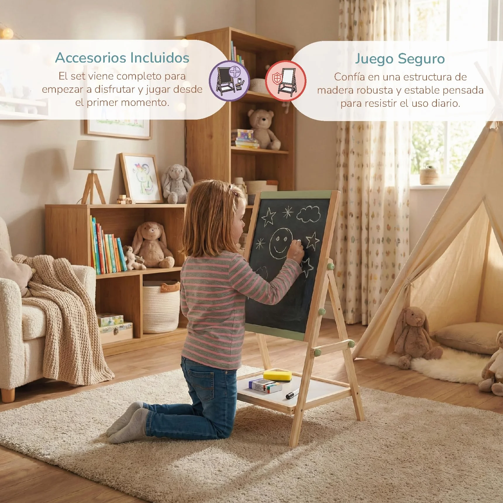 BUDDY BABY Creative Board - Lavagna creativa per bambini Montessori - Doppia faccia con cavalletto - Include scatola di gessetti, 2 gomme e 1 Boli - Dimensioni: 65 x 37 x 35