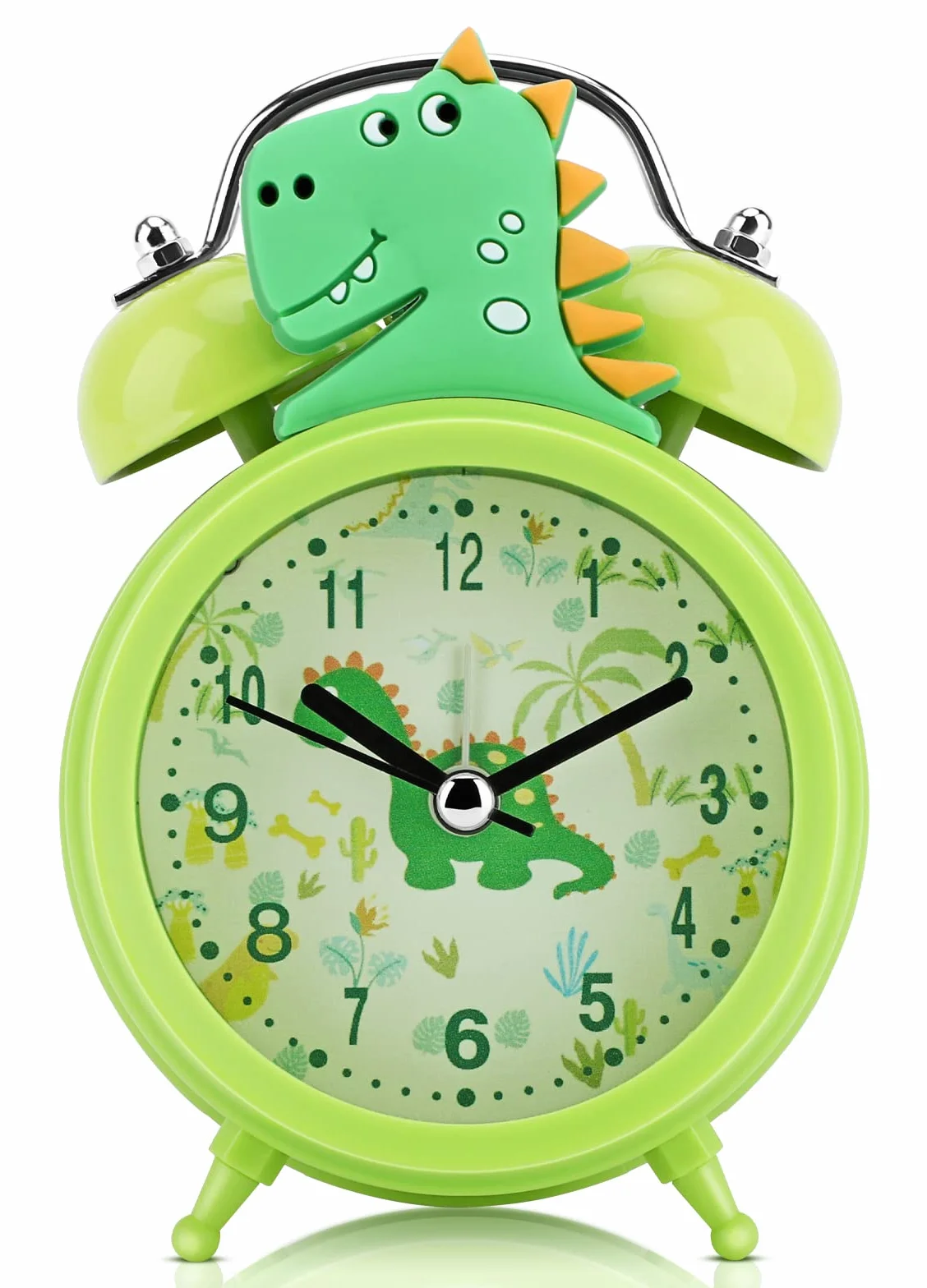 TCJJ Sveglia con dinosauro per ragazzi, senza ticchettio, sveglia verde per bambini e ragazzi, classica sveglia a doppia campana forte, retroilluminata, adatta per regali scolastici