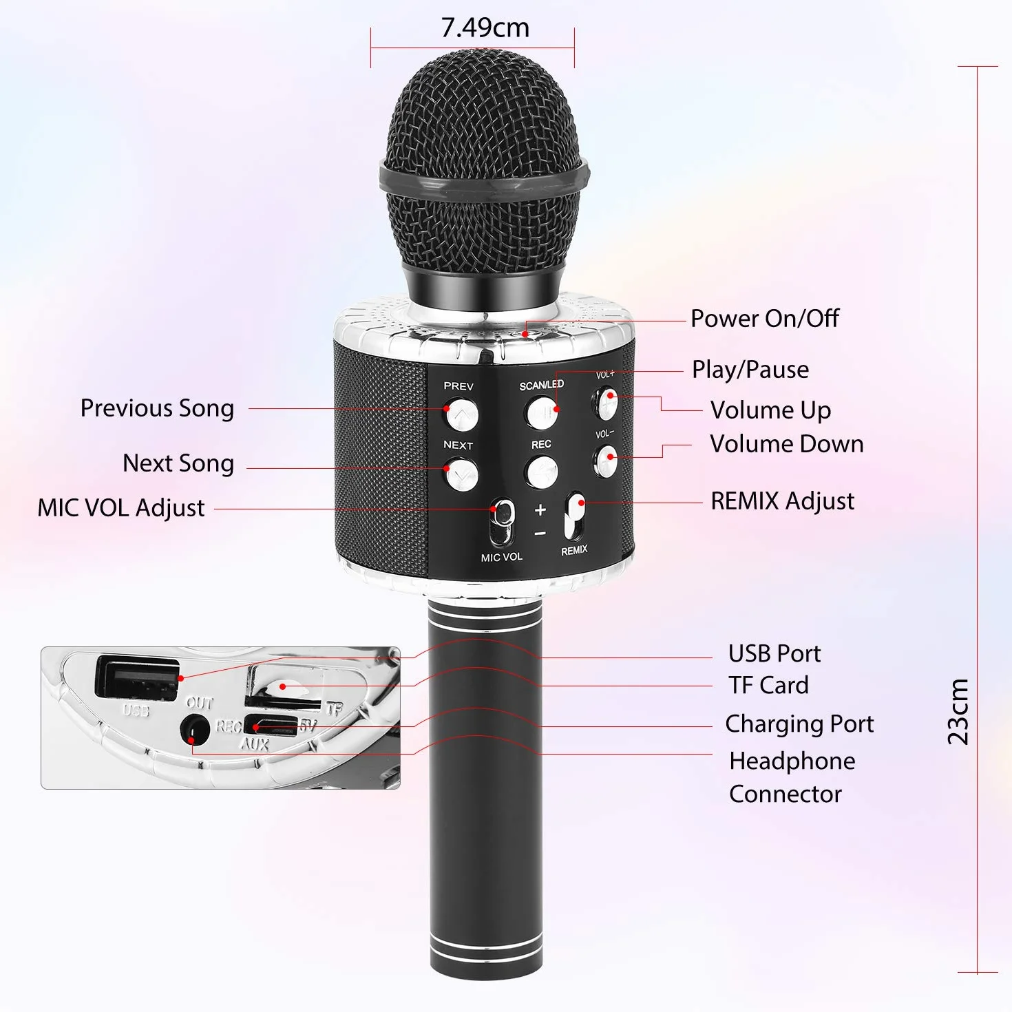 Fede Microfono Karaoke Bluetooth Wireless per Bambini, Karaoke Portatile con Luci LED Multicolore per Cantare, Funzione Eco, Compatibile con Android/iOS, PC o smartphone
