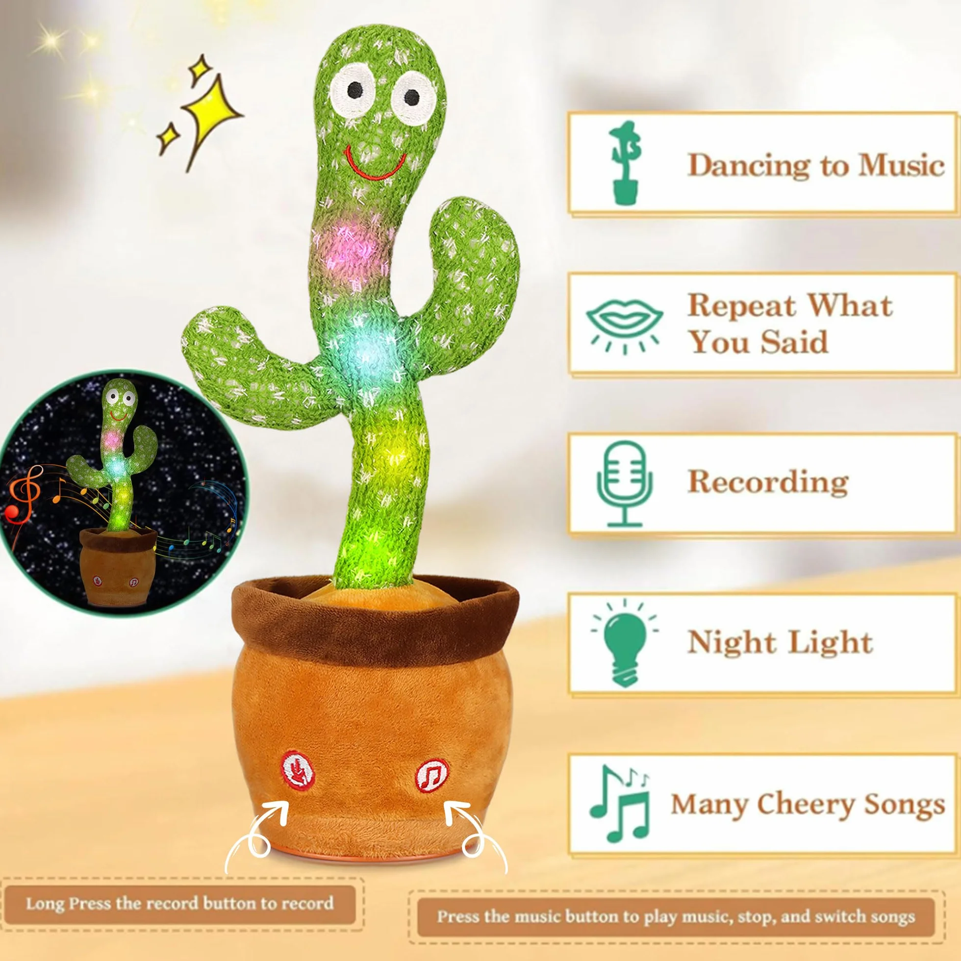 Cactus Parlante Divertente con Luci LED - Giocattolo Antistress che Balla e Ripete la Voce, Regalo Originale per Ufficio, Casa, Feste e Bambini