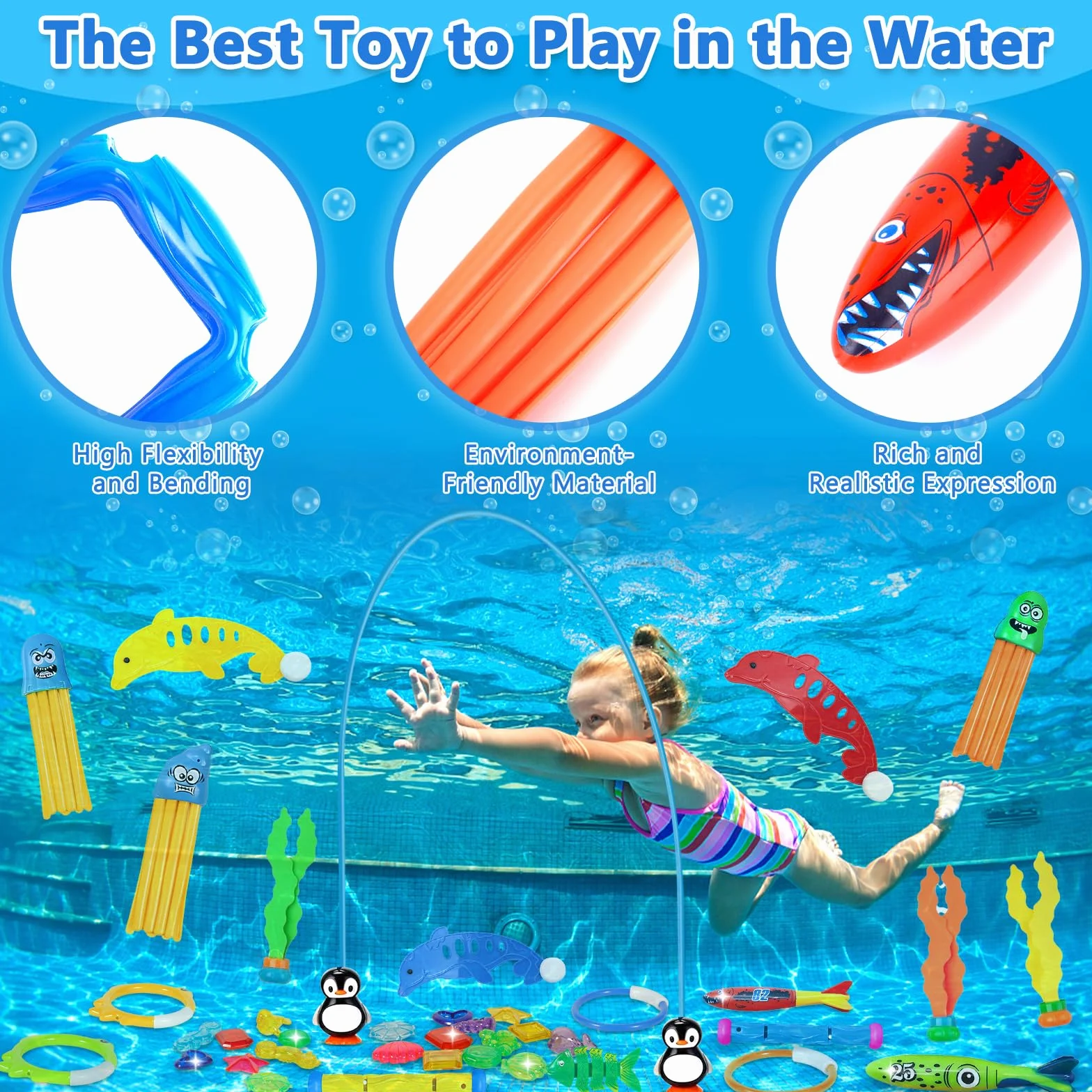 Frasheng Piscina Subacquea Immersioni Giocattolo,43 Pezzi Giochi Piscina Bambini,Giocattoli da Immersione,Set da Immersione Subacquea Giochi da Allenamento in Piscina per Bambini