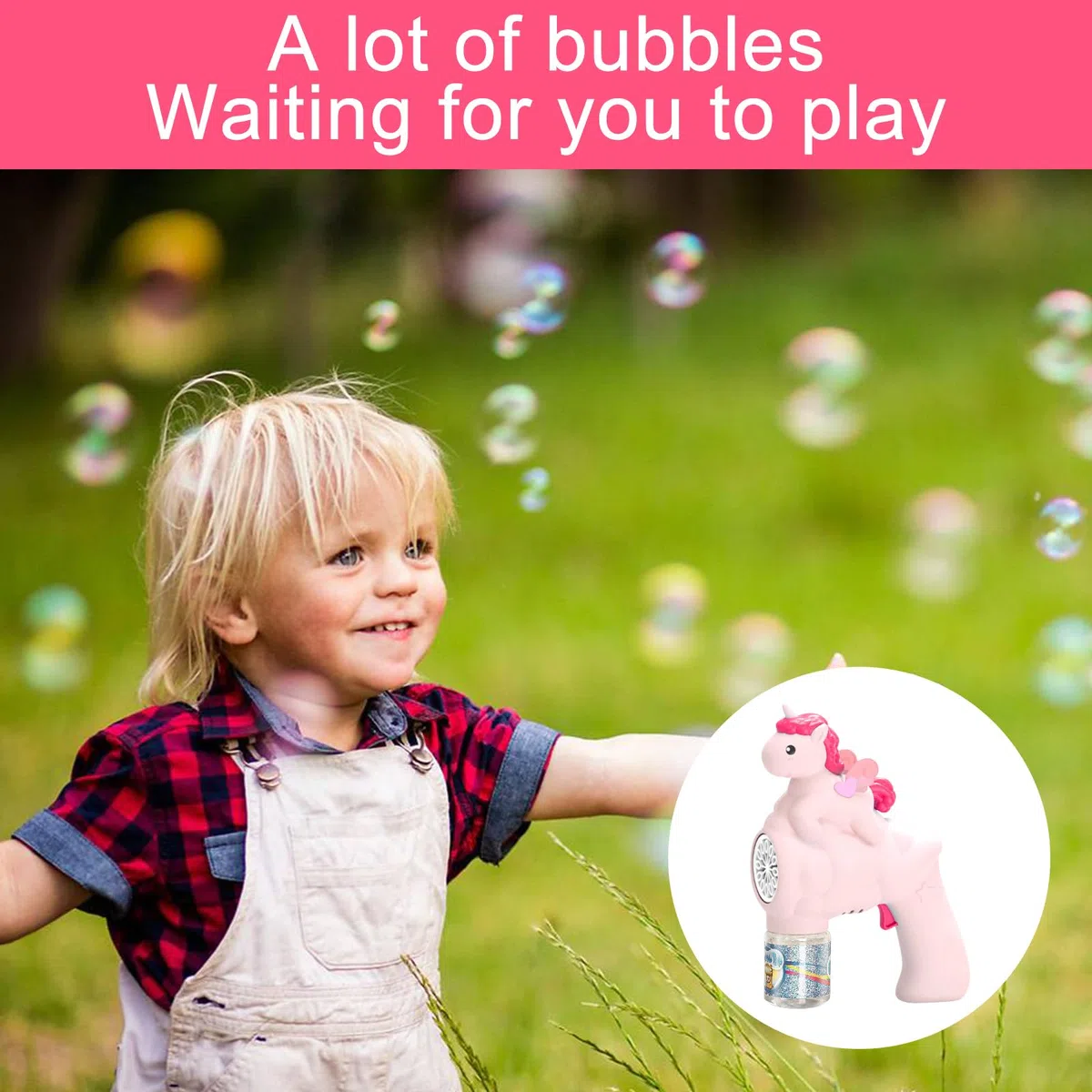 Pistola a Bolle Di Sapone Di Unicorno per Bambini - Spara Oltre 10.000 Bolle Al Minuto - Con Soluzione Da 90 Ml per Regali Di Compleanno e Feste