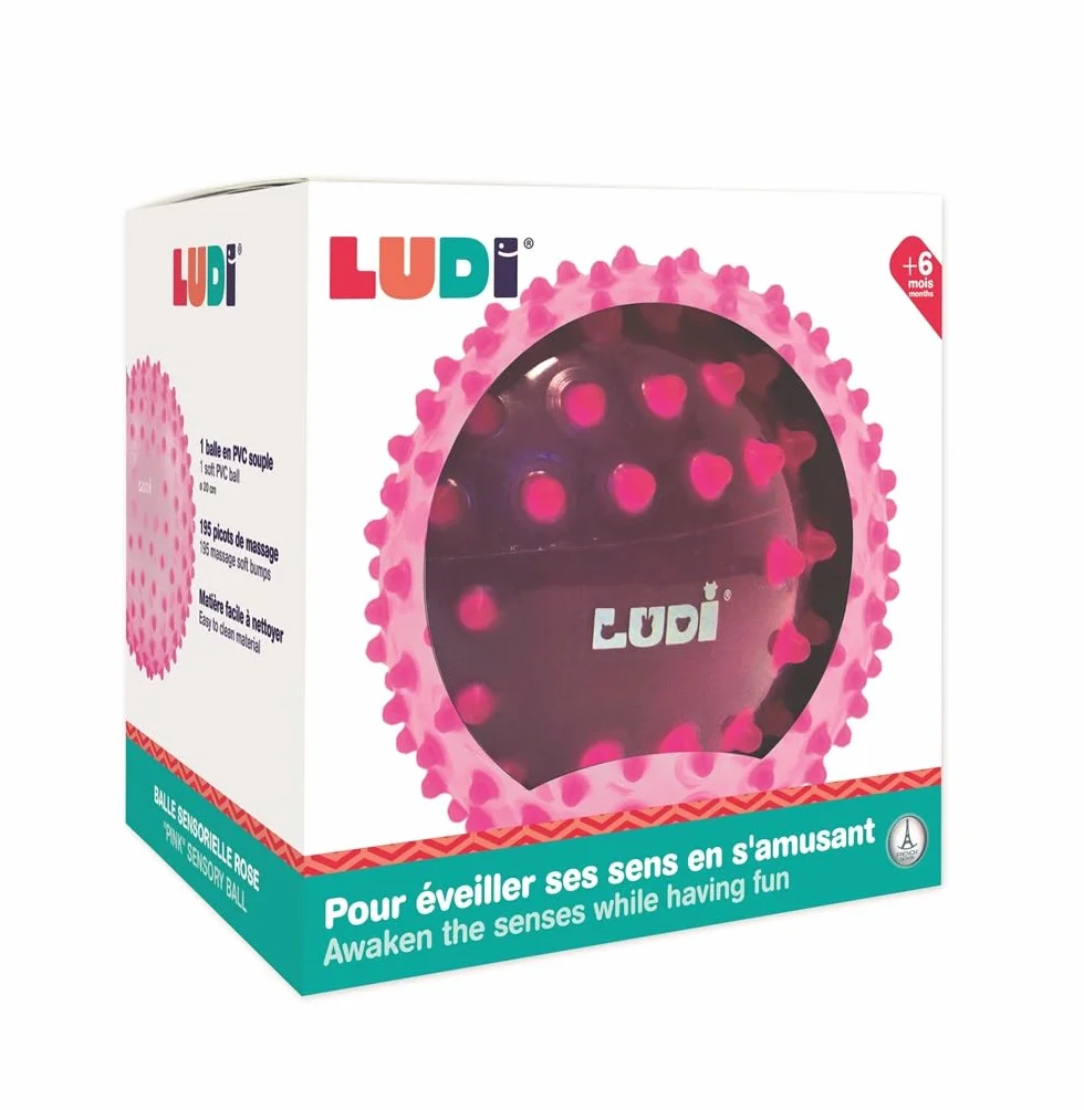 Ludi - Palla da massaggio rosa - Risveglio sensoriale per bambini dai 6 mesi - Puntine teneri - Stimolazione, Destrezza e Coordinazione - 100% PVC - Lavabile - Ø 20 cm - Allevia i denti e favorisce il