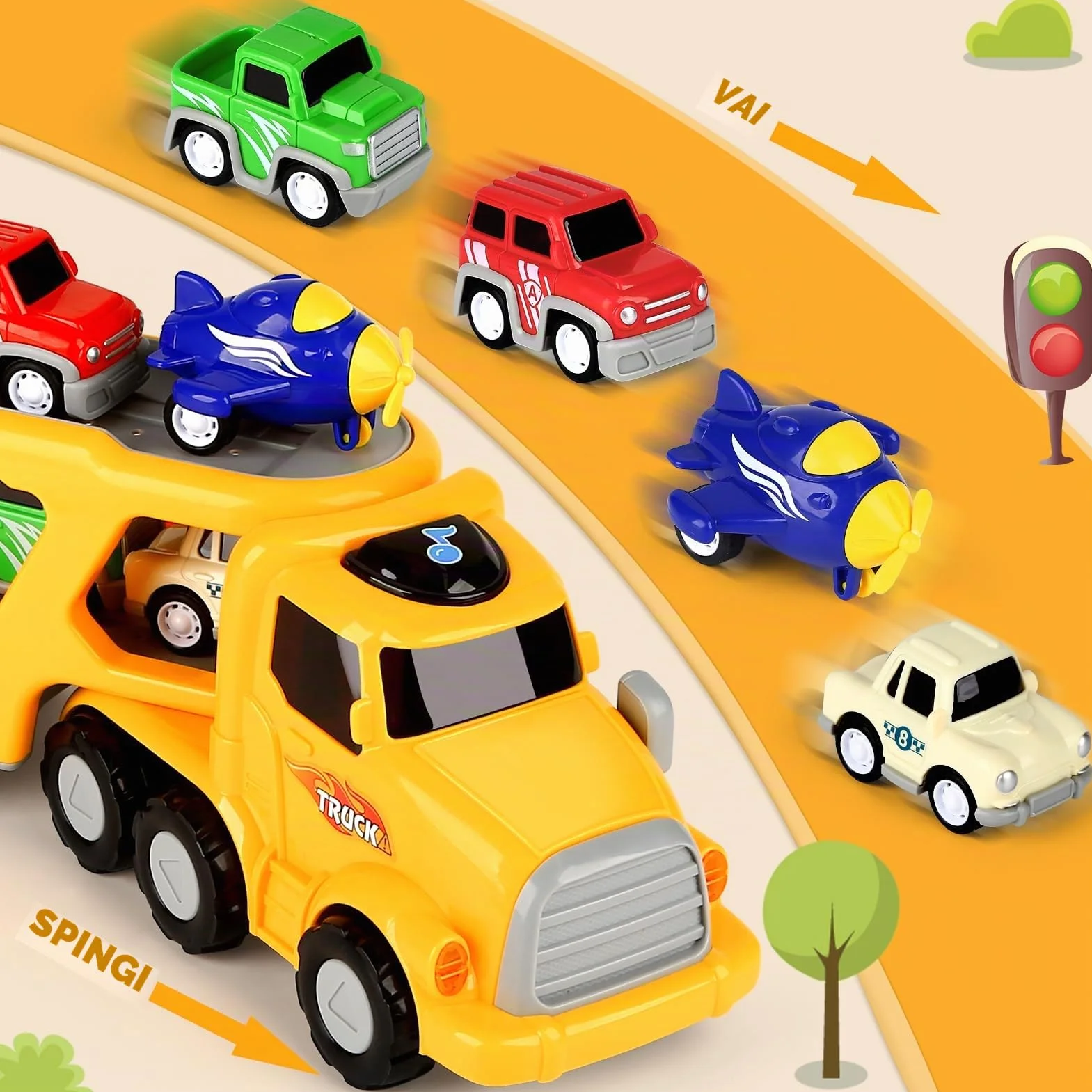 Aoskie Camion Macchinine 2 3 4 Anni, 5 in 1 con Suoni e Luci, 4 Mini Cars, Giocattolo Regalo per Bambino
