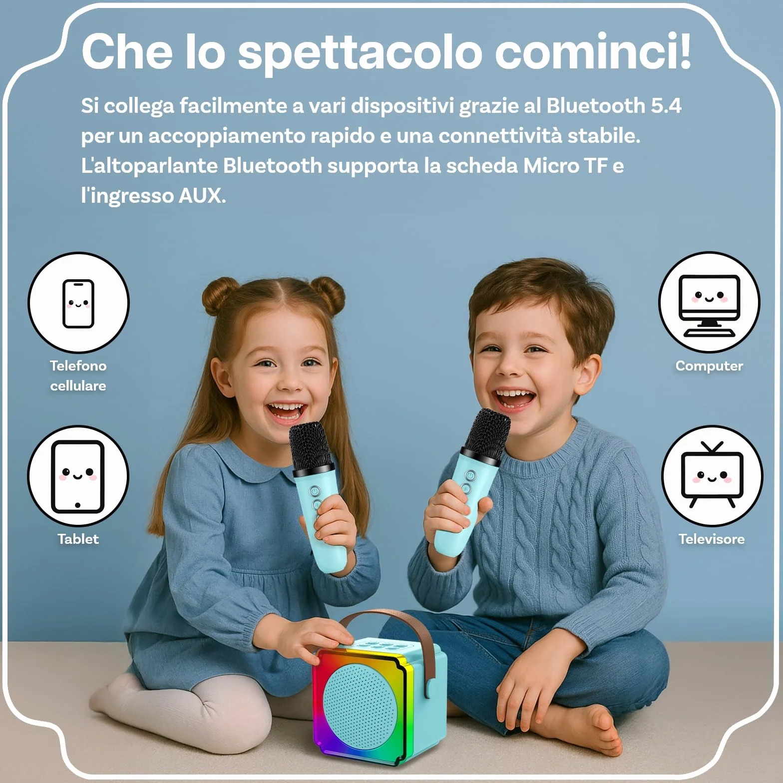 Macchina Karaoke per Bambini con 2 Microfoni Wireless di MMOBIEL – Portatile Cassa Bluetooth, 2 Microfono, Luce LED, Effetti Vocali – Giocattolo Musicale, Regalo per Ragazze, Ragazzi, Bambini 3+, Blu
