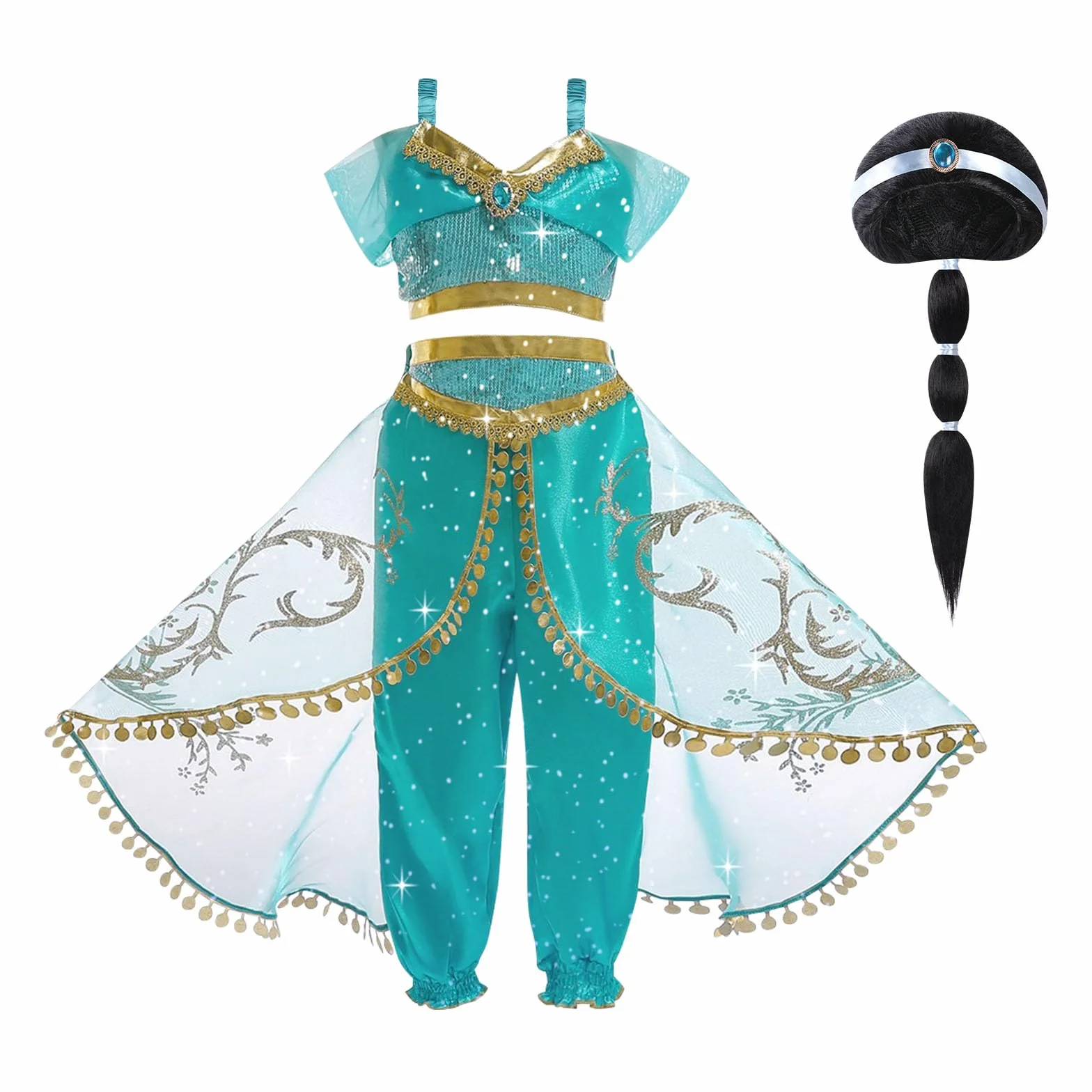 ACWOO Costume Vestito Jasmine Principessa per Ragazza Bambini, Jasmine Costume Ragazze Principessa con Parrucca, Jasmine Principessa Abiti Ragazze per Festa Danza Compleanno Halloween Cosplay