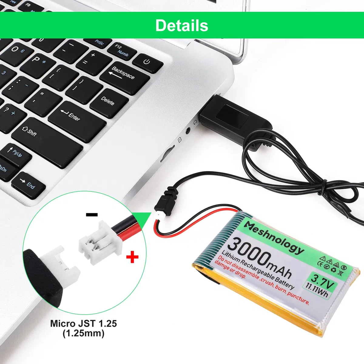 Batteria Li da 3,7 V 3000 mAh con cavo di ricarica USB 103665 1S batteria LiPo con bordo di protezione nastro in gomma isolato e spina micro JST 1.25 per Arduino ESP32 scheda modulo Drone