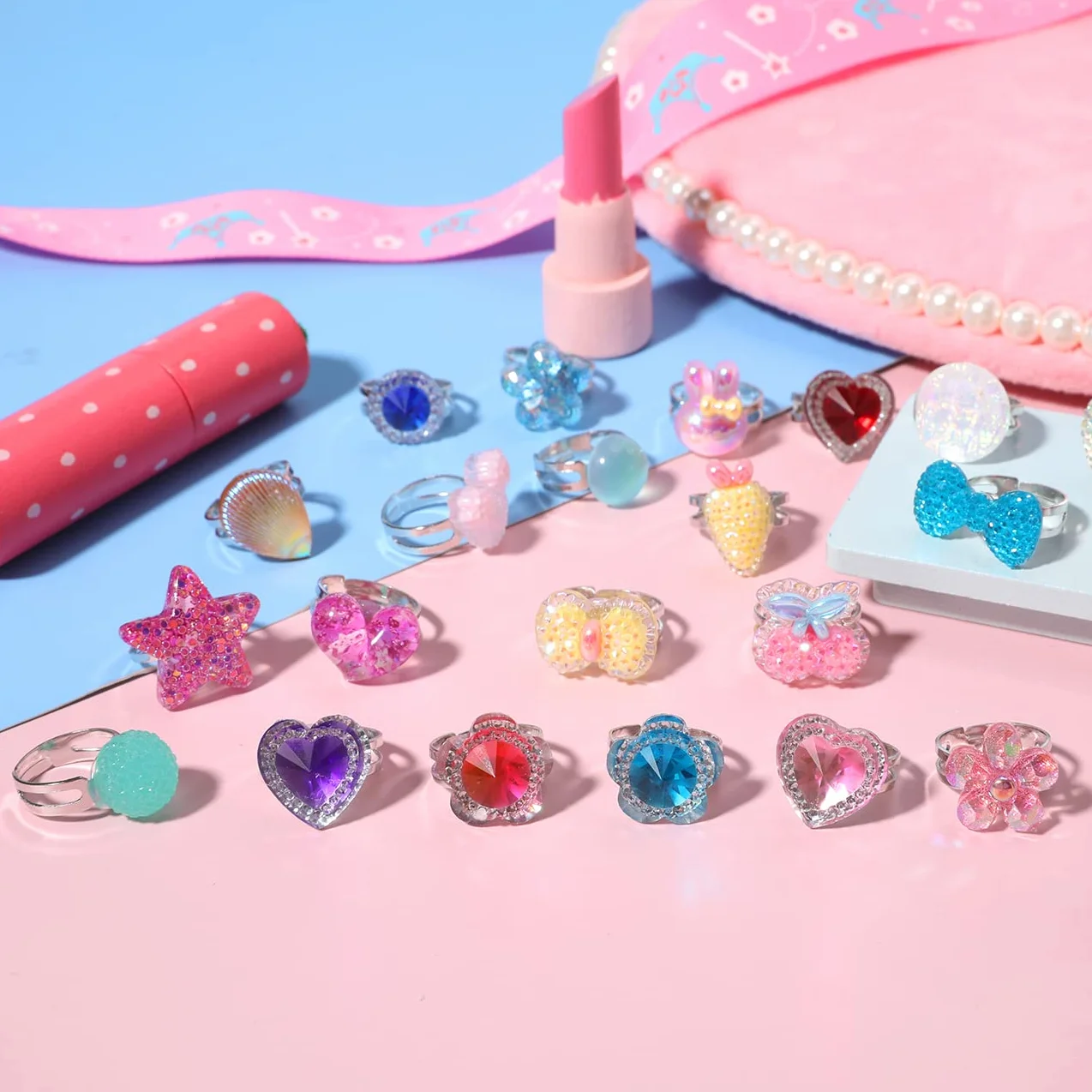 PinkSheep Little Girl Jewel Rings in Box, Adjustable, No duplication, Girl Pretend Play and Dress Up Rings (30 Jewel Ring)