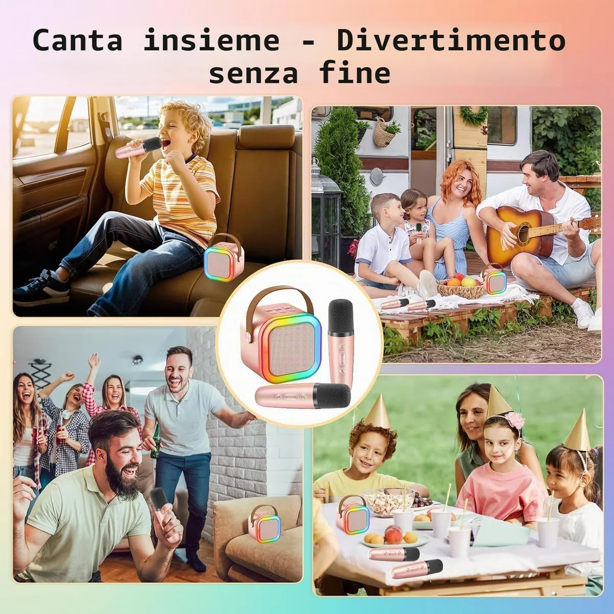 Macchina Karaoke Bambini con 2 Microfoni Senza Fili HiFi Microfono Karaoke Bluetooth Mini Portatile Microfono Karaoke con Cambiatore di Voce Magico e Luci LED, Regalo Giocattolo per Ragazzi 3-12 Anni