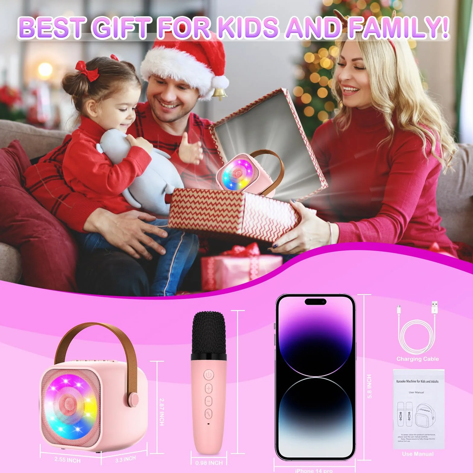 Karaoke per Bambini con 2 Microfoni Wireless, Luce LED, Effetti Cambio Voce, Portatile