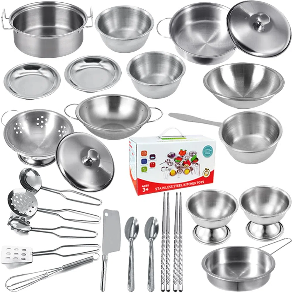 Set di 25 accessori per giocattoli da cucina per bambini, in acciaio inox, pentole e padelle per bambini, mini set da cucina classico, ottimo regalo per ragazze e ragazzi