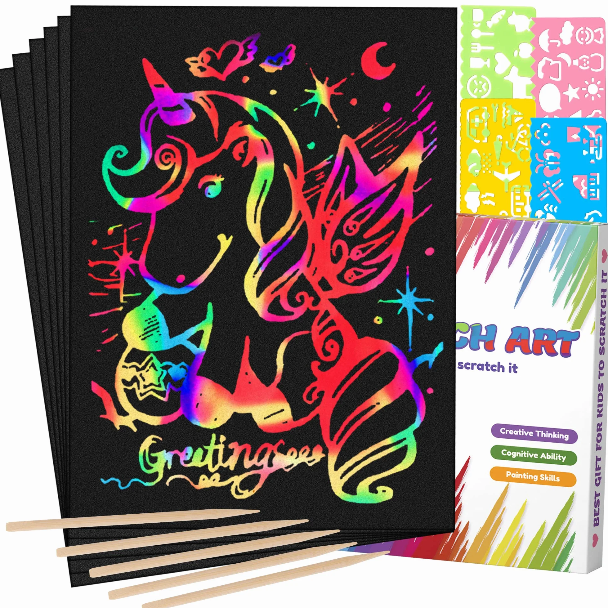 Mocoosy 60Pcs Scratch Art Bambini, Arcobaleno carta da grattare Set di pittura con 4 stencil 5 stilo in legno, giocattoli attività Bambini Regalini Fine Festa, regali di compleanno per ragazzi ragazze