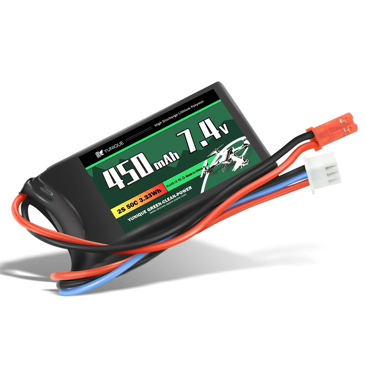 YUNIQUE GREEN-CLEAN-POWER Batteria Lipo 2 Celle 7.4V 450mAh 50C con Connettore JST, Cavo in Silicone e Guscio Morbido - Dimensioni 55x30x9 mm, Peso 32g - Alta Potenza per Modelli RC