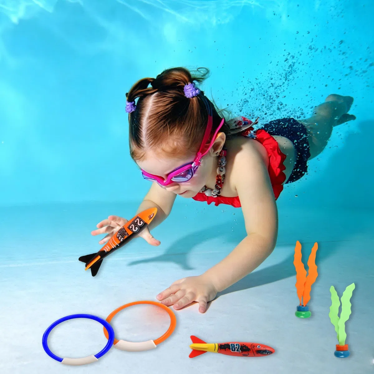 Set di 12 giocattoli subacquei per bambini, 11 anelli da immersione, siluro, giocattolo per alghe, giocattolo da piscina con borsa per il trasporto, regalo estivo per ragazzi e ragazze dai 4 ai
