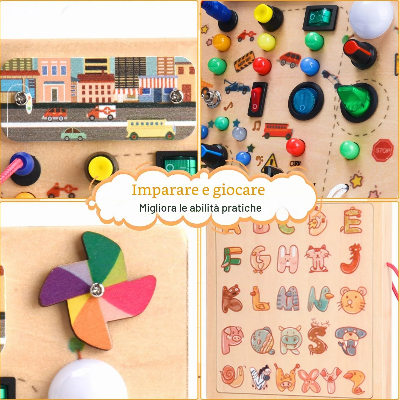 Nauotk Busy Board in Legno, Giochi Montessori per Bambini 2 Anno, Lavagna attività con 19 LED, Giochi Educativi Sensoriale del Bambino, Lavagna attività Portatile Regalo Bimbo 2 3 4 Anni