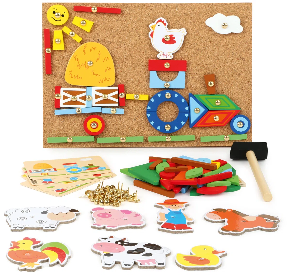 10228 Gioco con martelletto "Fattoria" small foot in legno, superficie in sughero sulla quale potervi martellare elementi con motivi della fattoria, dai 6 anni