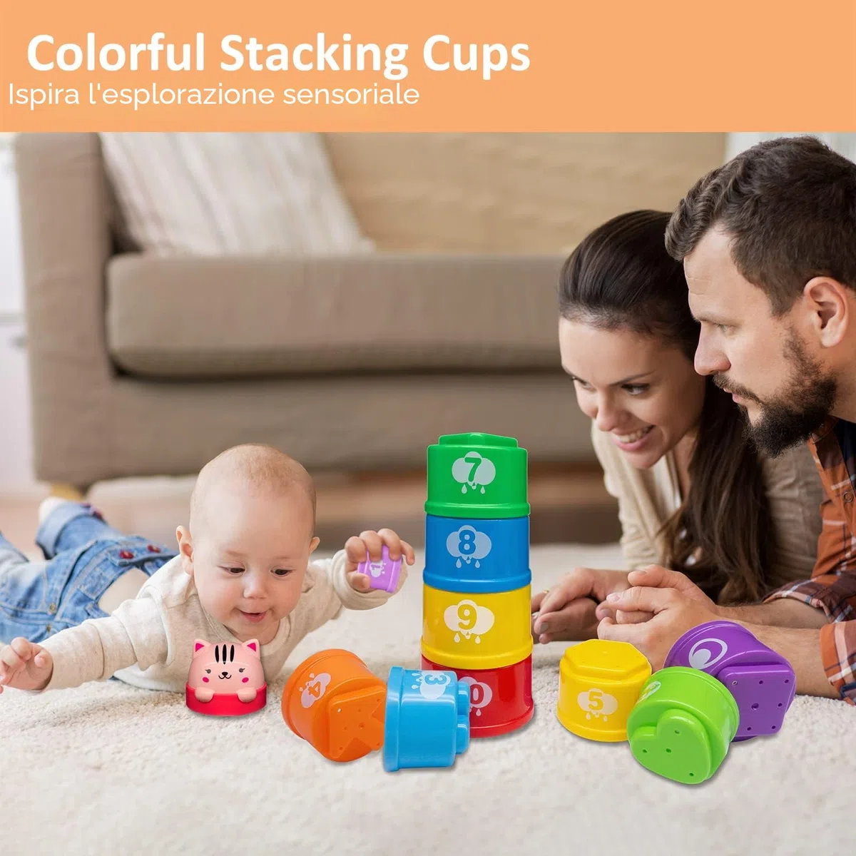 MOONTOY Giochi Impilabili per Bambino 1 anno, con Lettere e Numeri da Impilare,Blocchi Colorati per Insegnare Forme e Colori,Regalo per Compleanno e Natale per 1 2 Anni
