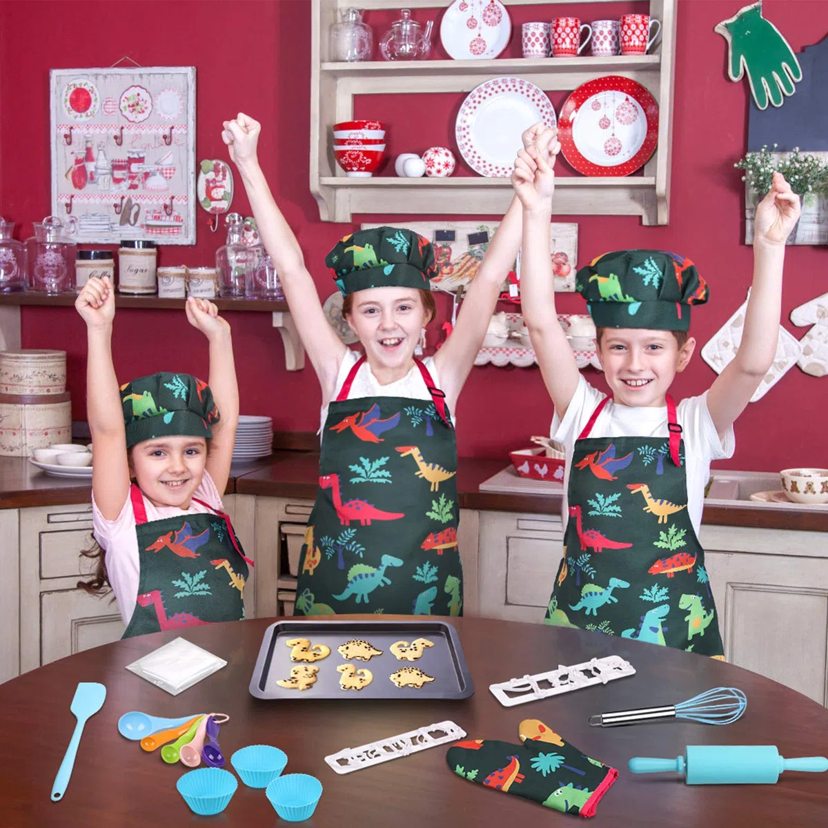 Anpro 27 Pezzi Set da Cucina per Bambini, Dinosauro Set di Chef Gioco di Utensili Bambini da Accessori, Cuoco Cappello Utensili da Cucina Mitt, Ideale Regalo di Compleanno e Natale, 3-7 Anni