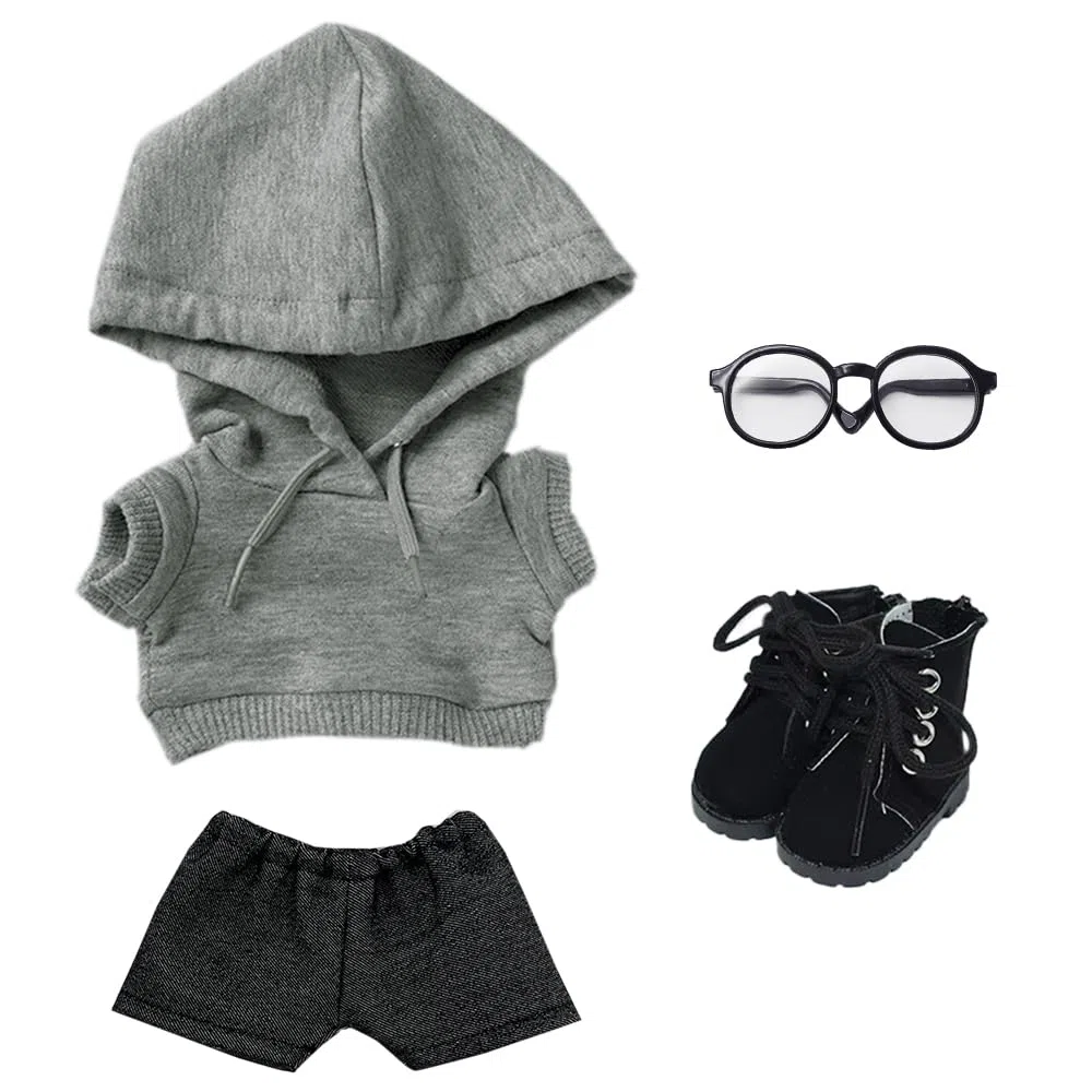 niannyyhouse Scarpe alte in pelle con cappuccio, jeans e occhiali sciolti, tinta unita, 10 cm, 15 cm, 20 cm, vestiti di peluche, accessori per vestire (a9, 20 cm)