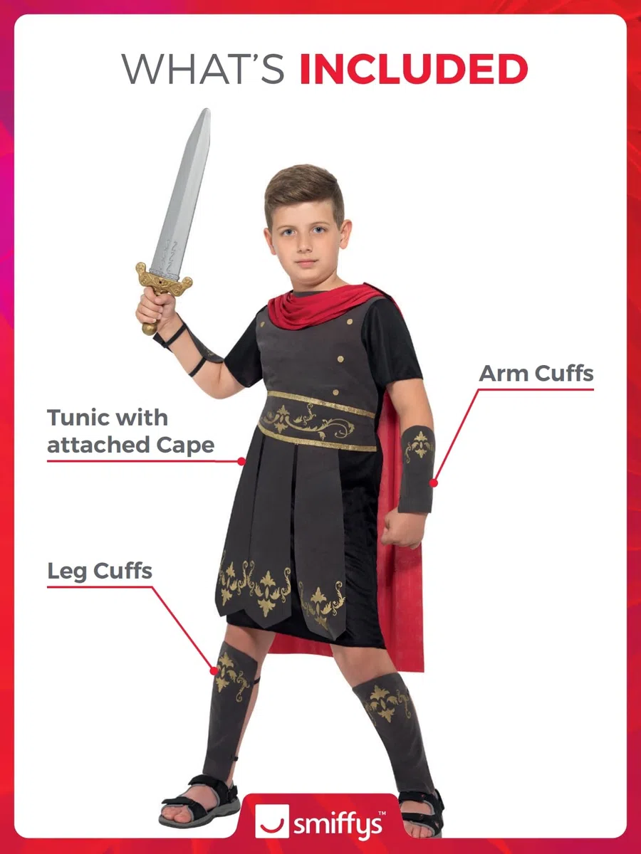 Smiffys Costume da soldato romano, nero con tunica, mantello attaccato, polsini con braccia e gambe, costume per bambini, costume per bambini