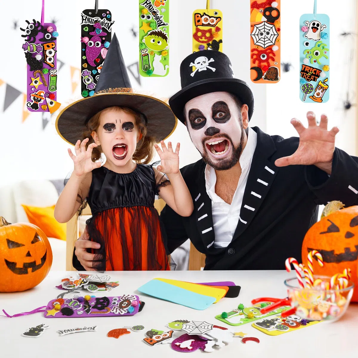 BOOMTOP 313pz Lavoretti Creativi Halloween per Bambini Artigianato Adesivi in Gommapiuma Schiuma Strass Pompom Occhi Googly Gadget Lavoretti Segnalibri Halloween per Bambini Artigianato Fai da Te